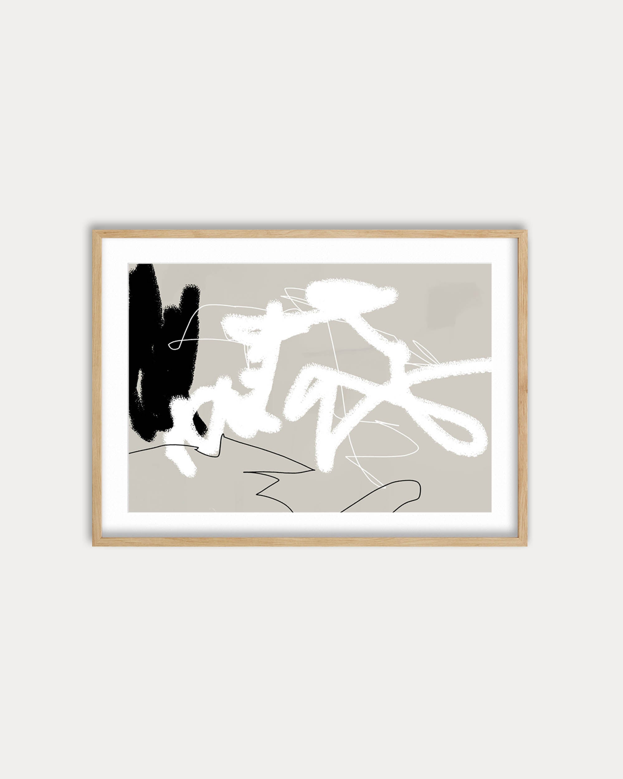 Framed abstract art print with black and white brush strokes on a light gray background