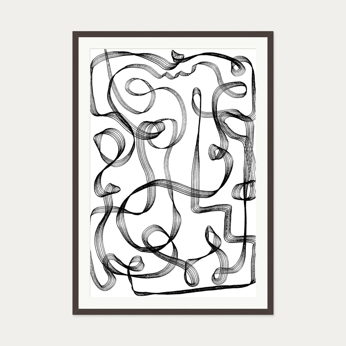 Dimensional Maze Lines Art Print — 70 x 100 cm — Brown Frame