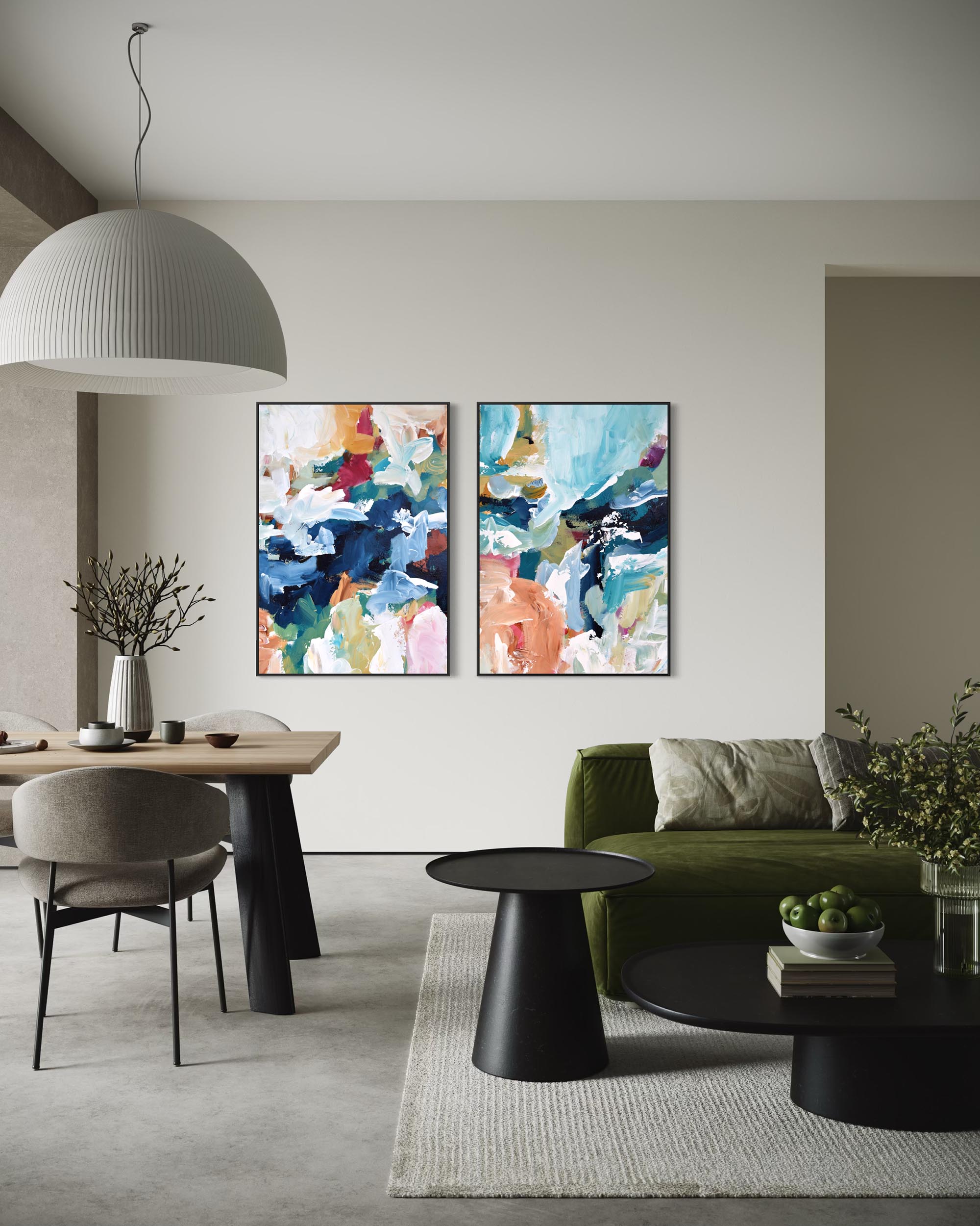 Modern living room with abstract art on the wall, a green sofa, and a dining table.
