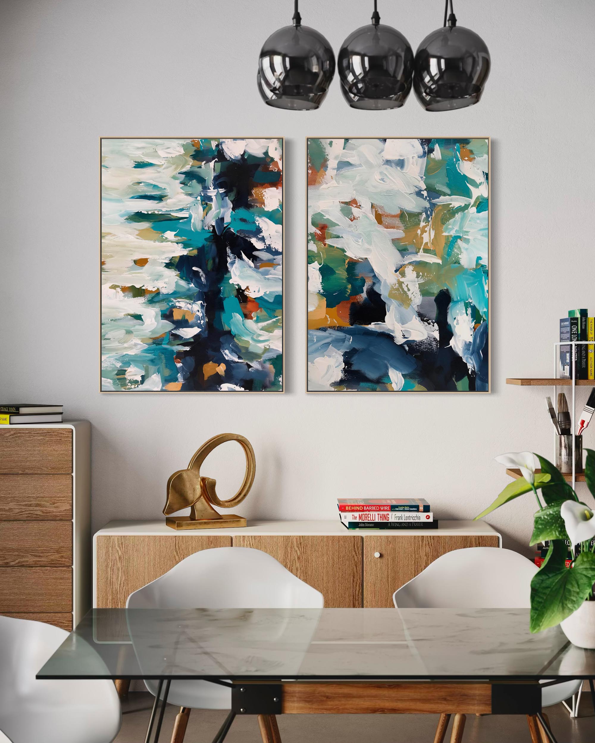 Modern dining room with abstract art on the wall, a glass table, and white chairs.