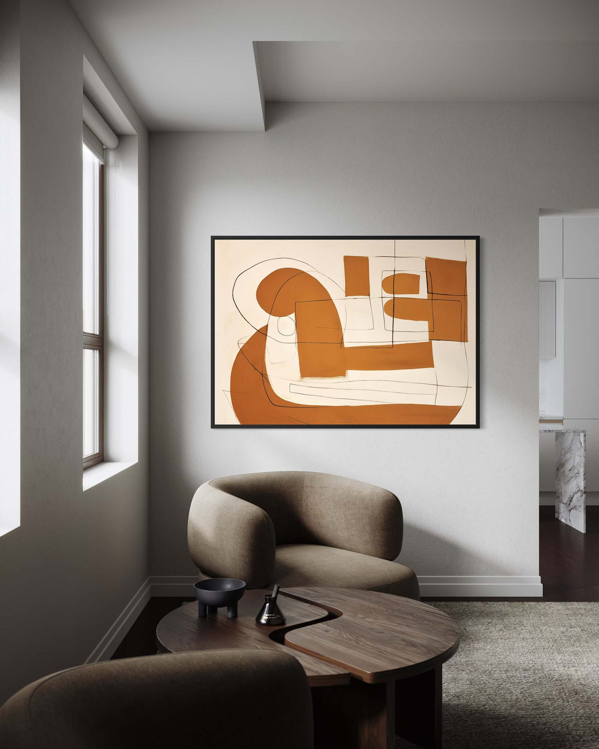 Modern living room with abstract art on the wall and a brown armchair.