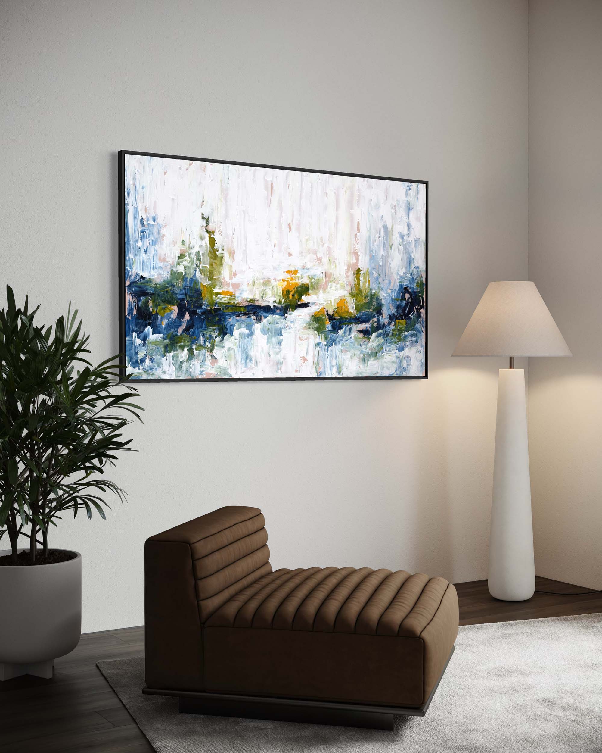 Modern living room with a brown sofa, abstract painting, and floor lamp.