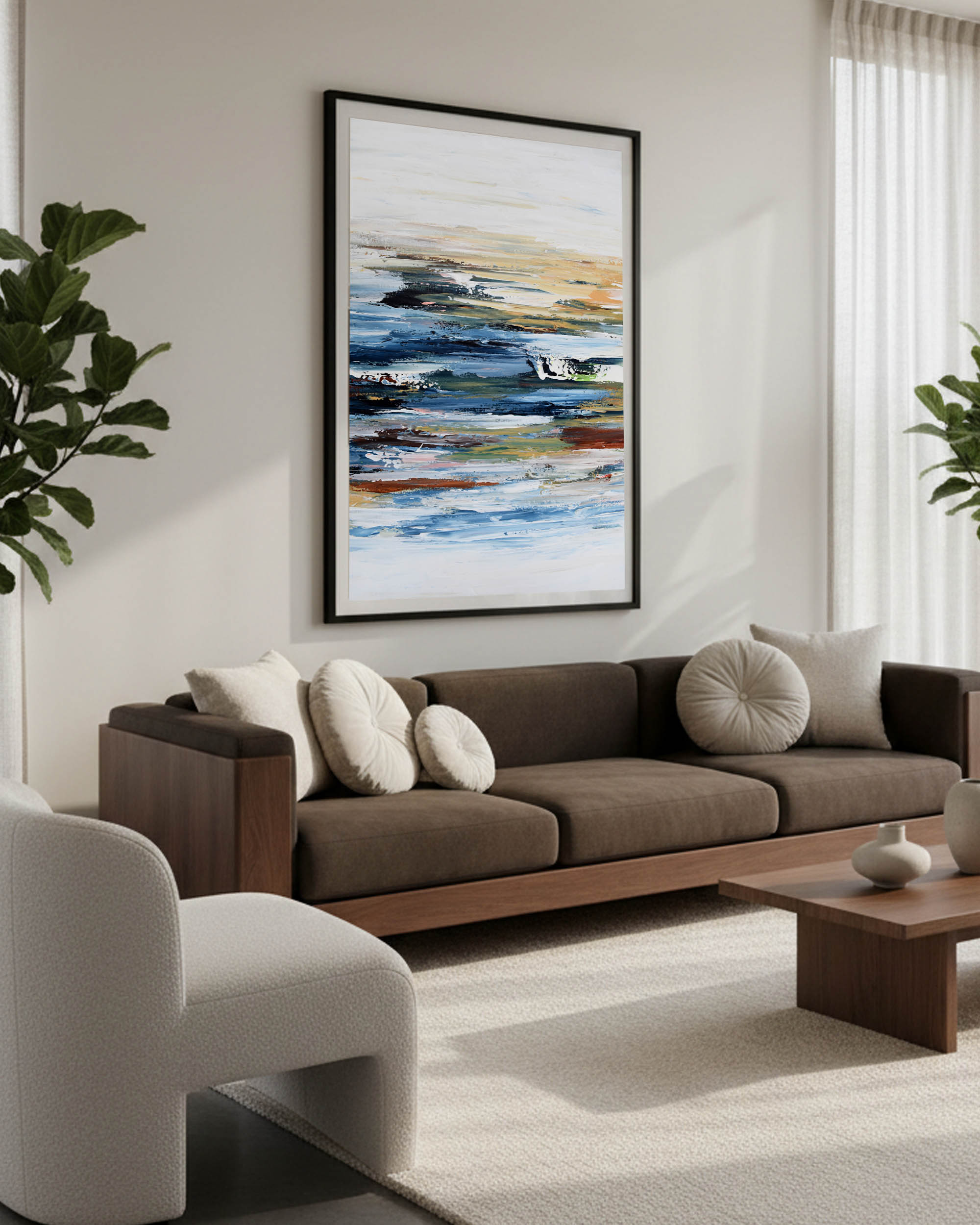 extra large oversized abstract wall art, blue and white abstract art in living room with high ceilings, modern blue striped print for sale