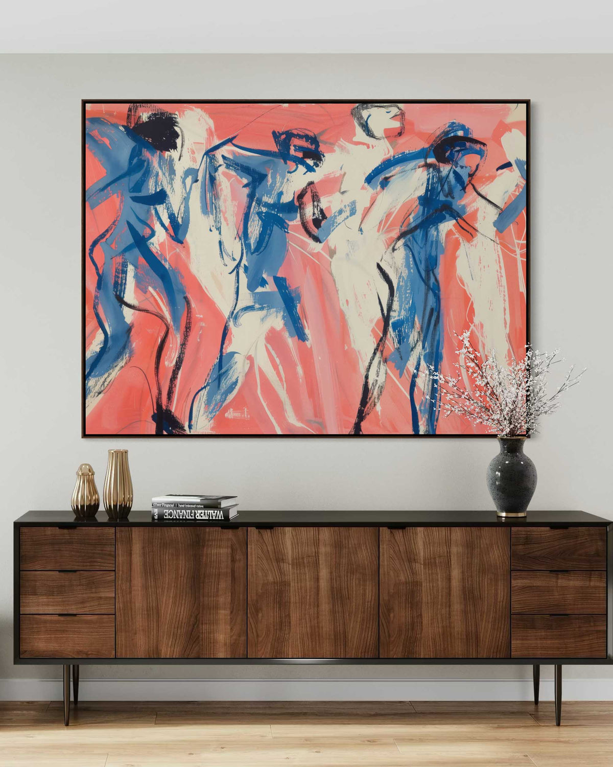 Abstract painting above a wooden console table in a room.