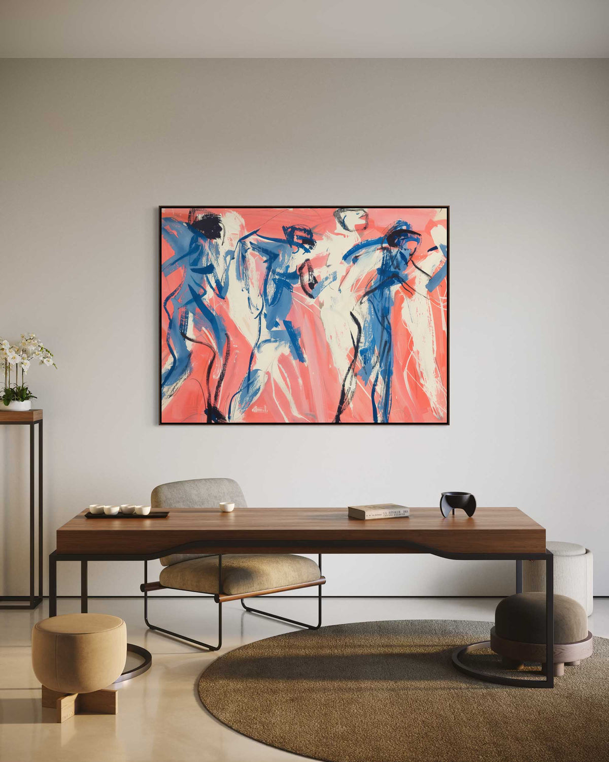 Modern interior with a colorful abstract painting on the wall above a wooden desk.