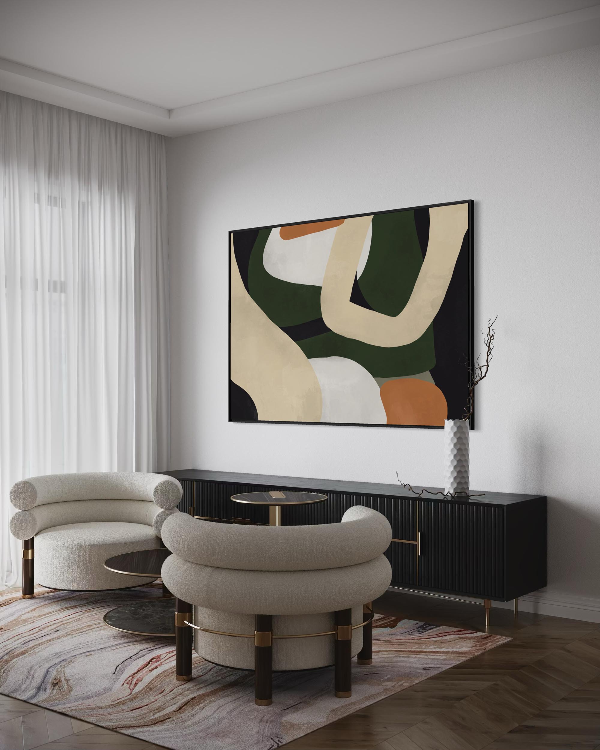 Modern living room with abstract art, furniture, and decor.