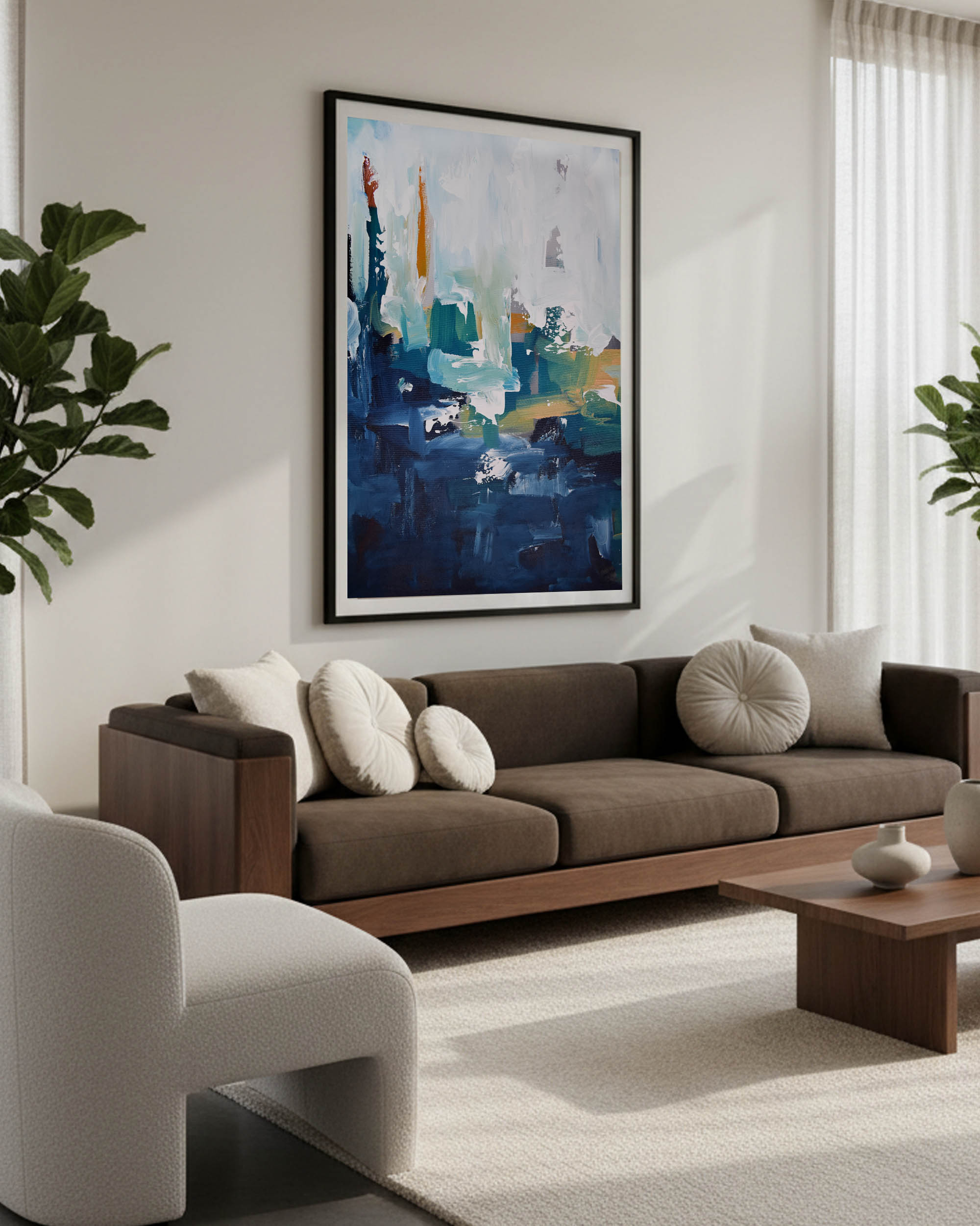 modern japandi interior design living room with brown mocha sofa and extra large oversized abstract wall art painting in navy and white.