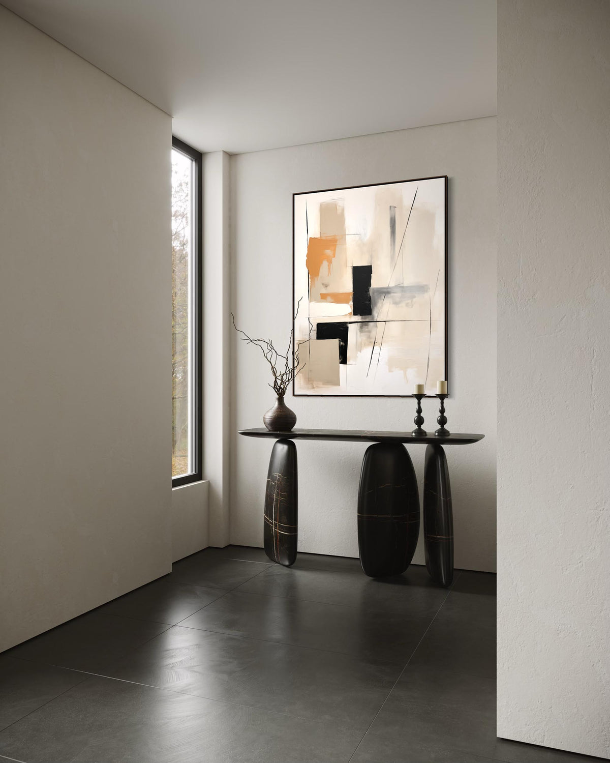 Modern interior with abstract art on the wall and a console table.