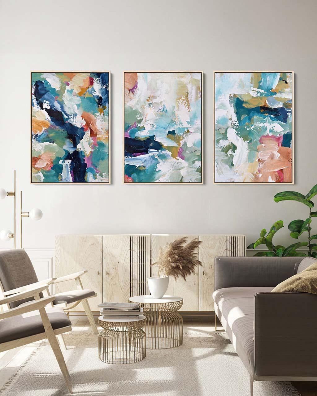 Blush On Teal Strokes Canvas Set Of 3