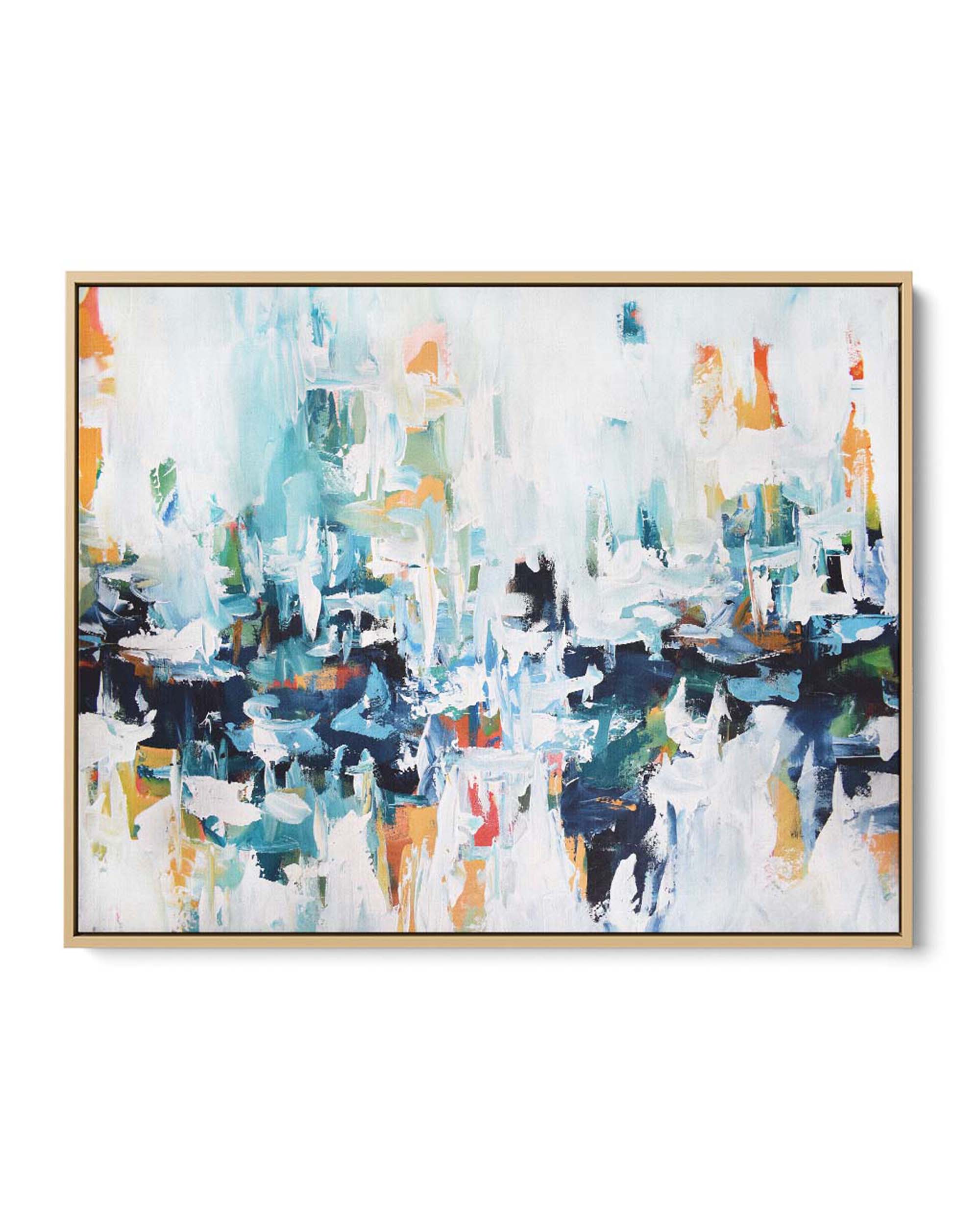 A framed canvas featuring an abstract painting with a mix of blue, white, and dark colors, presented in a light-colored frame.