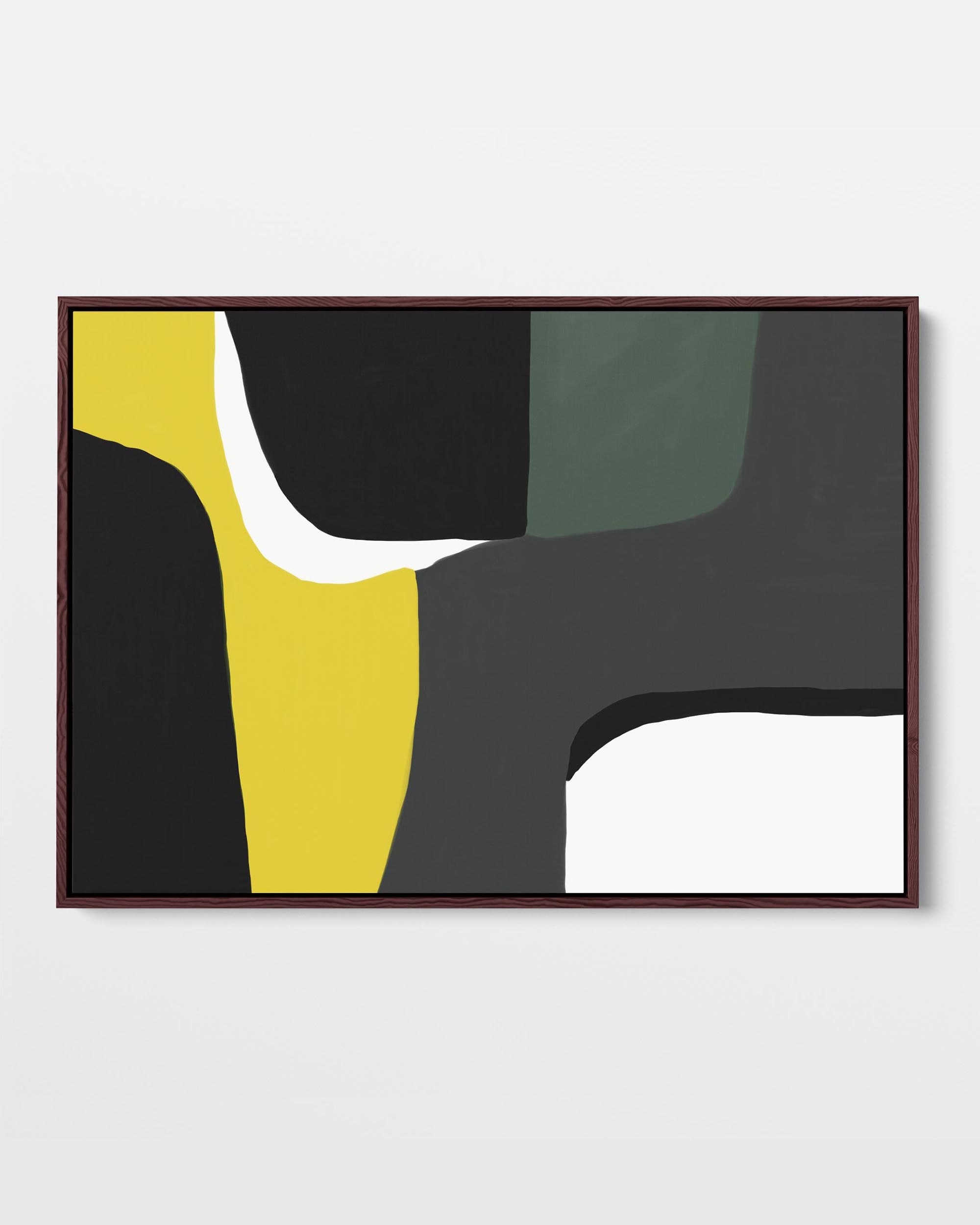 A framed canvas print with an abstract design featuring modern yellow, white, green, and grey tones.
