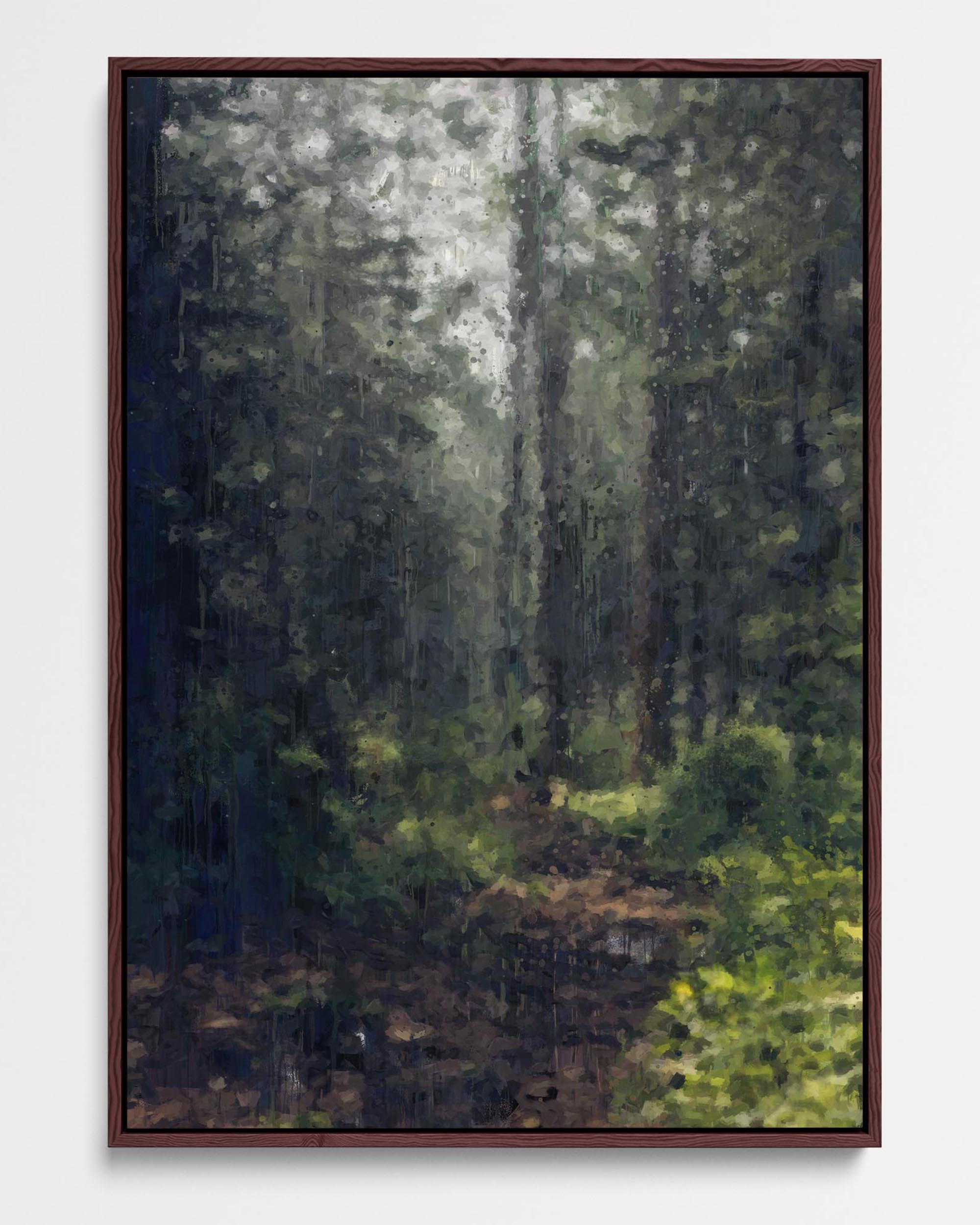 Framed canvas print depicting a forest scene with trees, primarily in shades of green and gray.