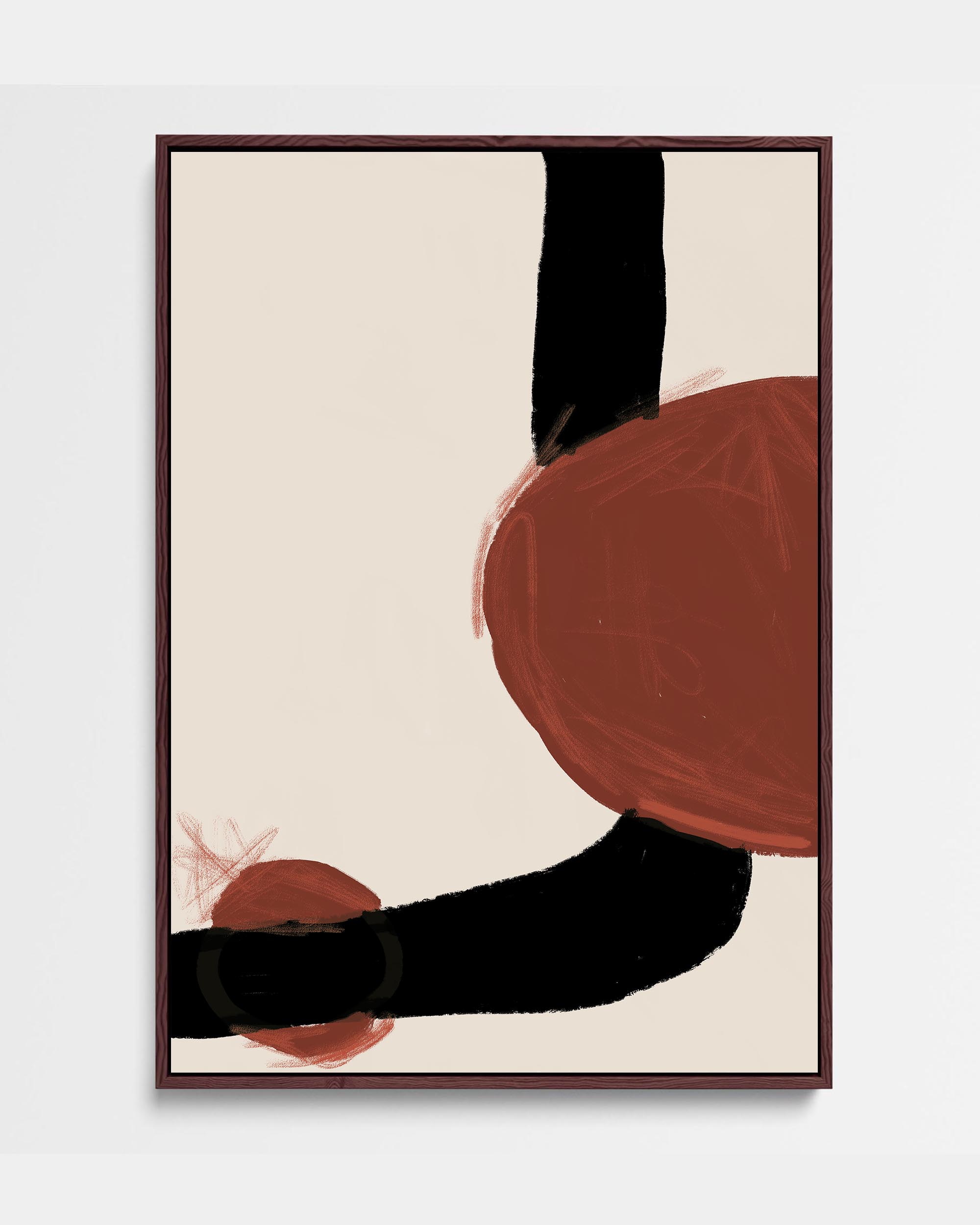 A contemporary abstract canvas print featuring dark red and black marks on a light background, framed in a float frame.