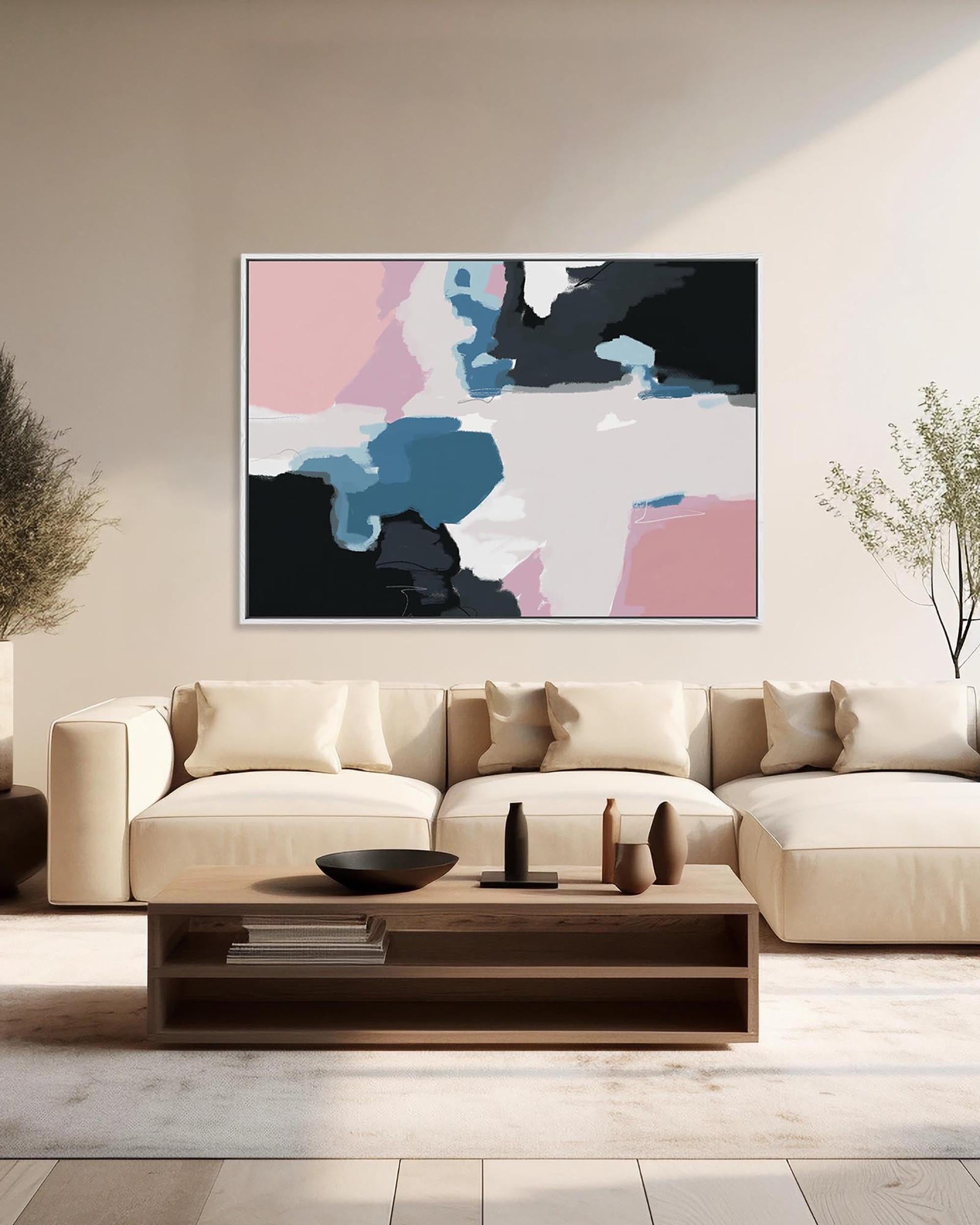 Modern living room with a beige sectional sofa, wooden coffee table, and abstract art on the wall.