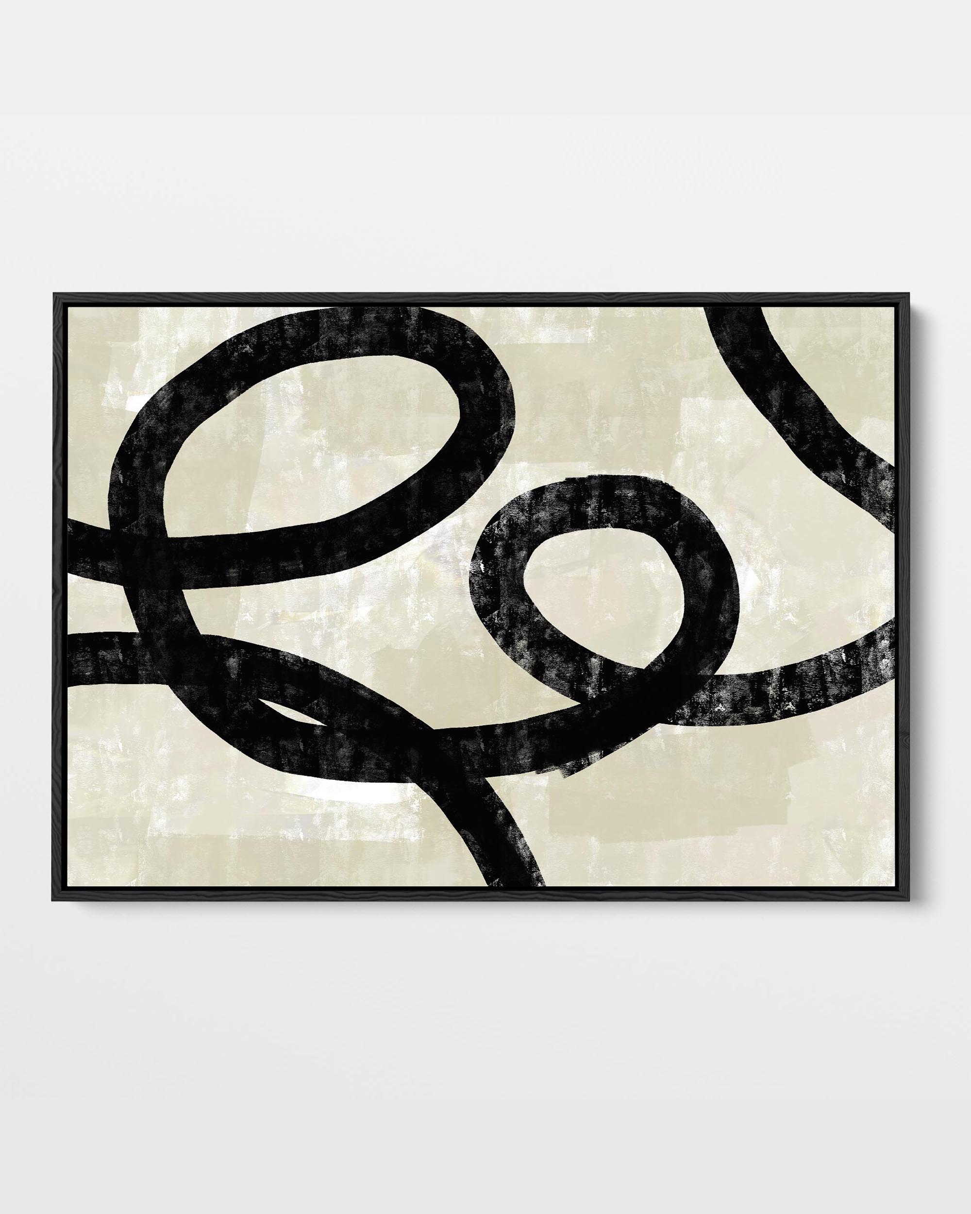 A framed canvas with a neutral abstract design, featuring black curved lines on a beige background, presented in a black frame.