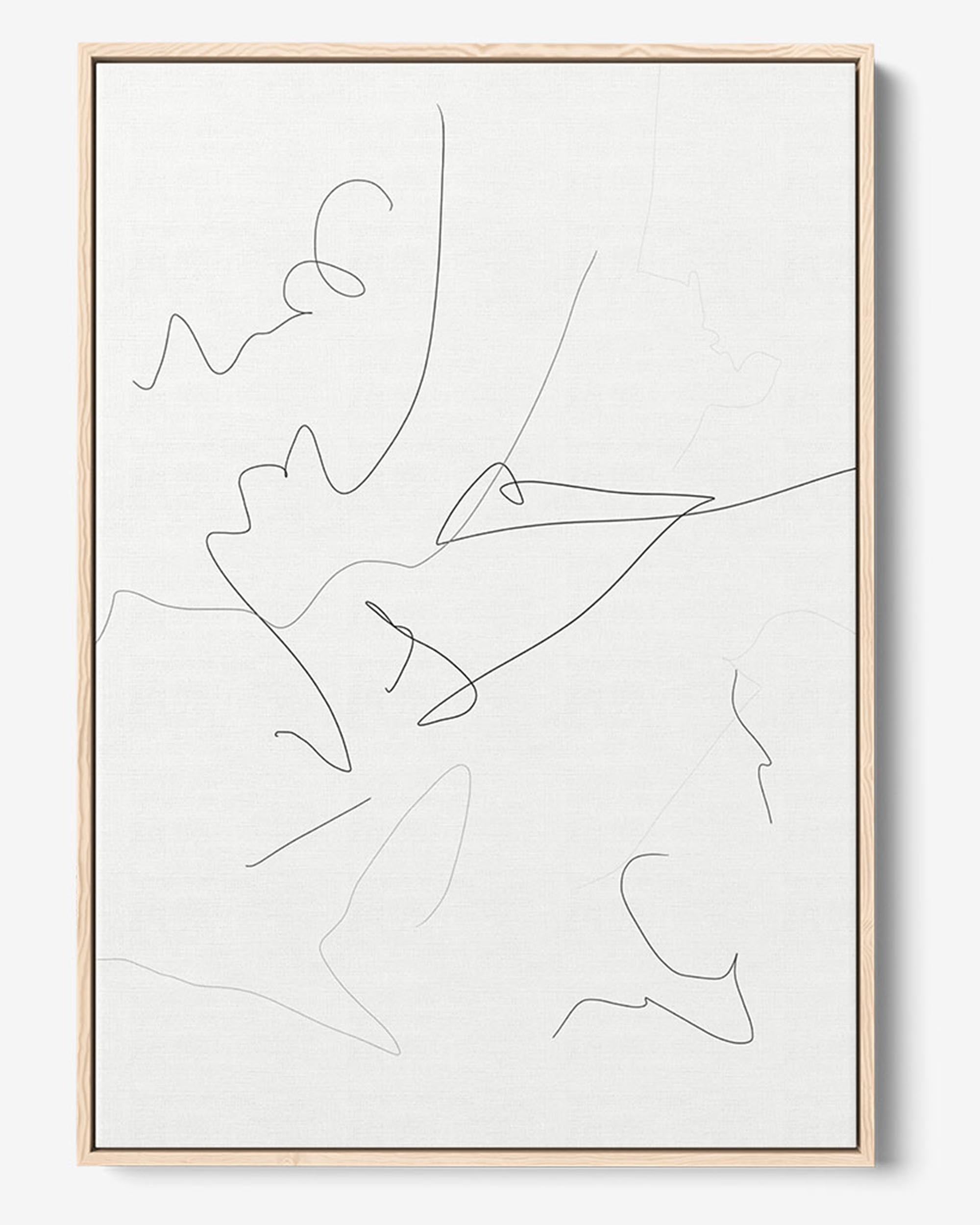 A framed canvas featuring abstract line art with black lines on a white background, with a wooden frame.