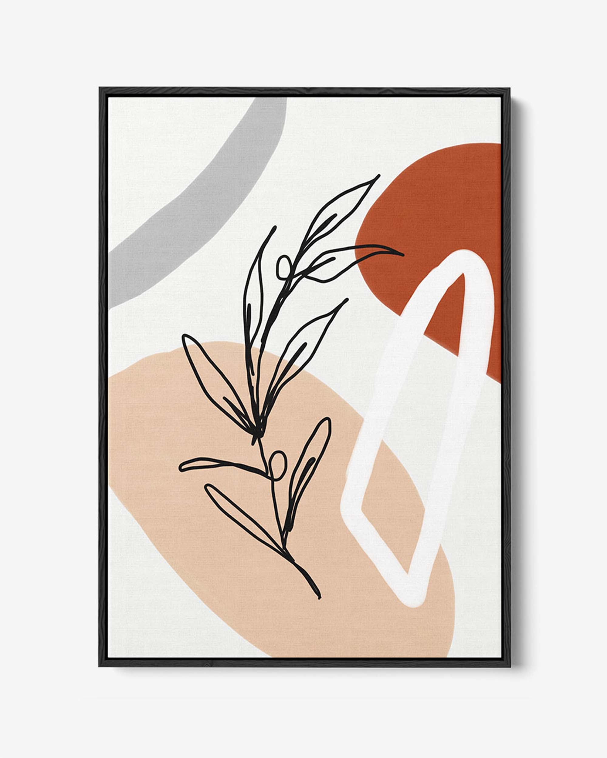 A framed canvas art piece featuring abstract botanical shapes with a mix of geometric and organic lines in beige, black, and brown tones.