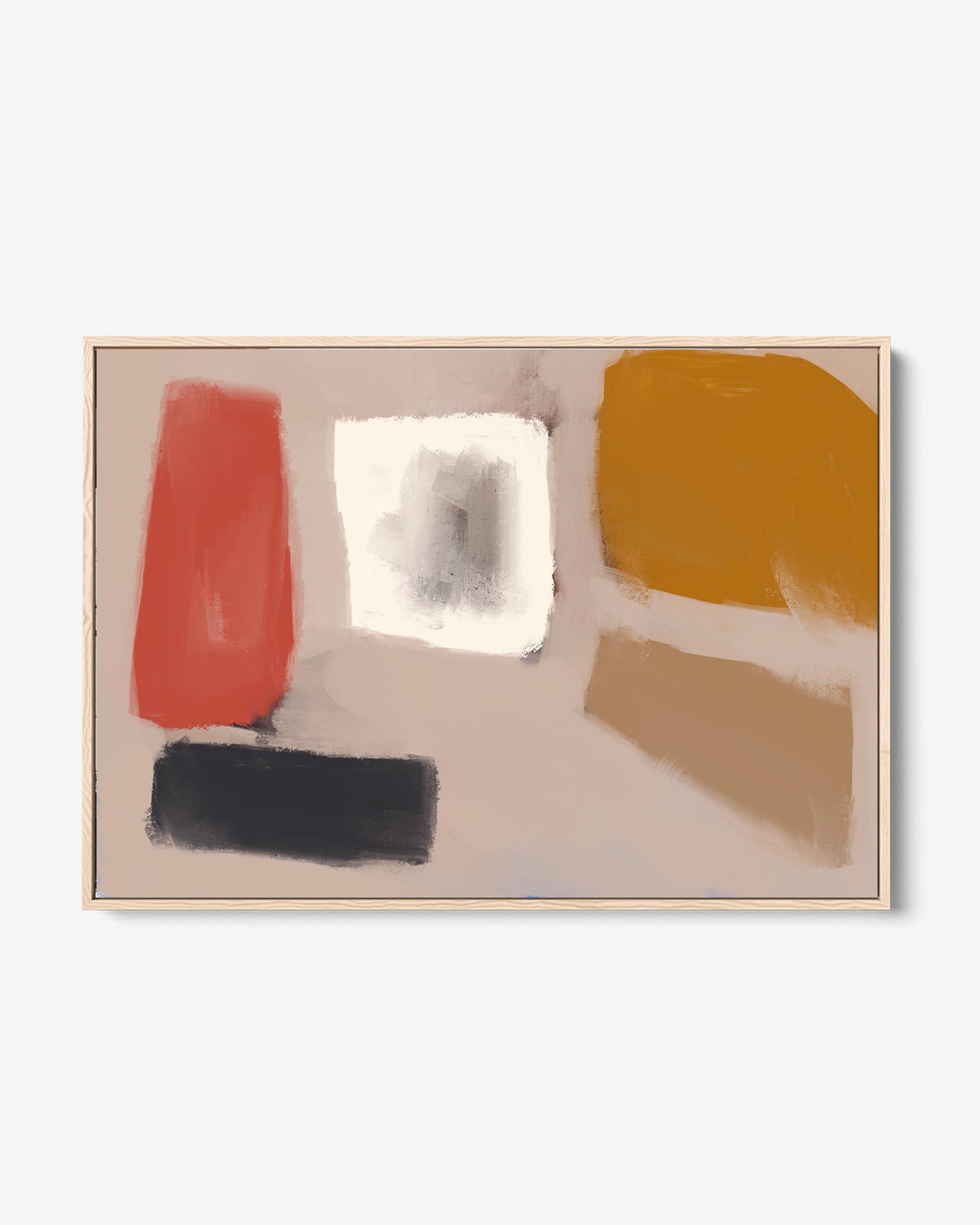 A framed canvas with an abstract neutral blush artwork featuring geometric shapes in muted colors, displayed against a plain background.