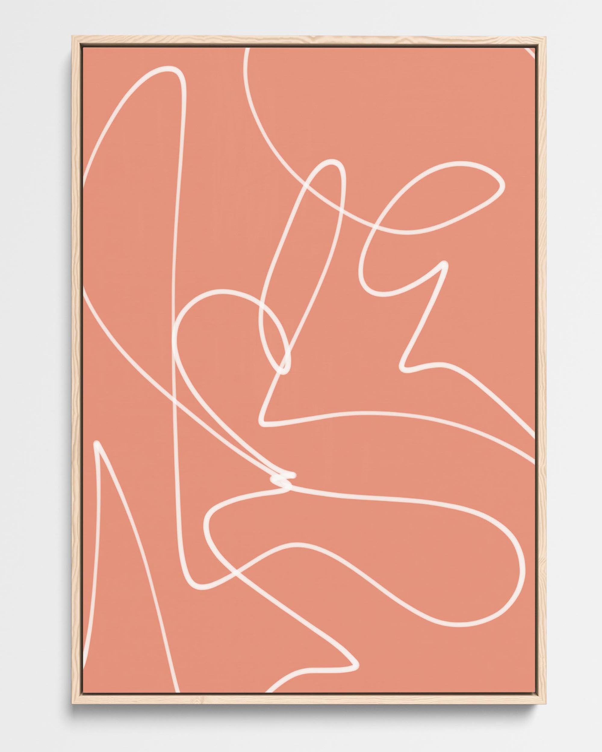 A framed canvas with abstract curved white lines on a pink background, with options for black, white, or natural wood pine frames.