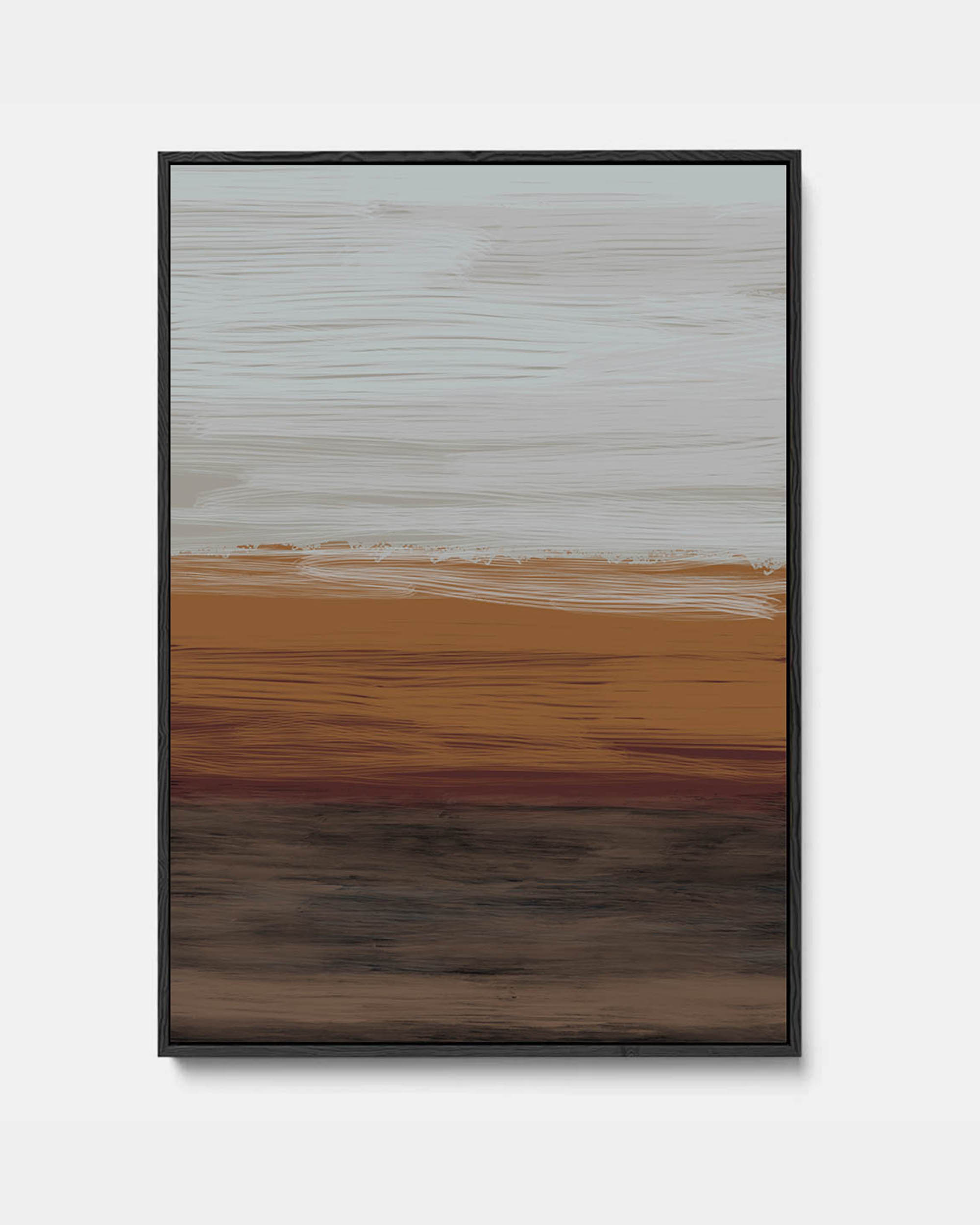 A modern abstract expressionist art print on canvas with warm oranges and browns layered under a grey color block, framed in a choice of black, white, or natural wood pine.