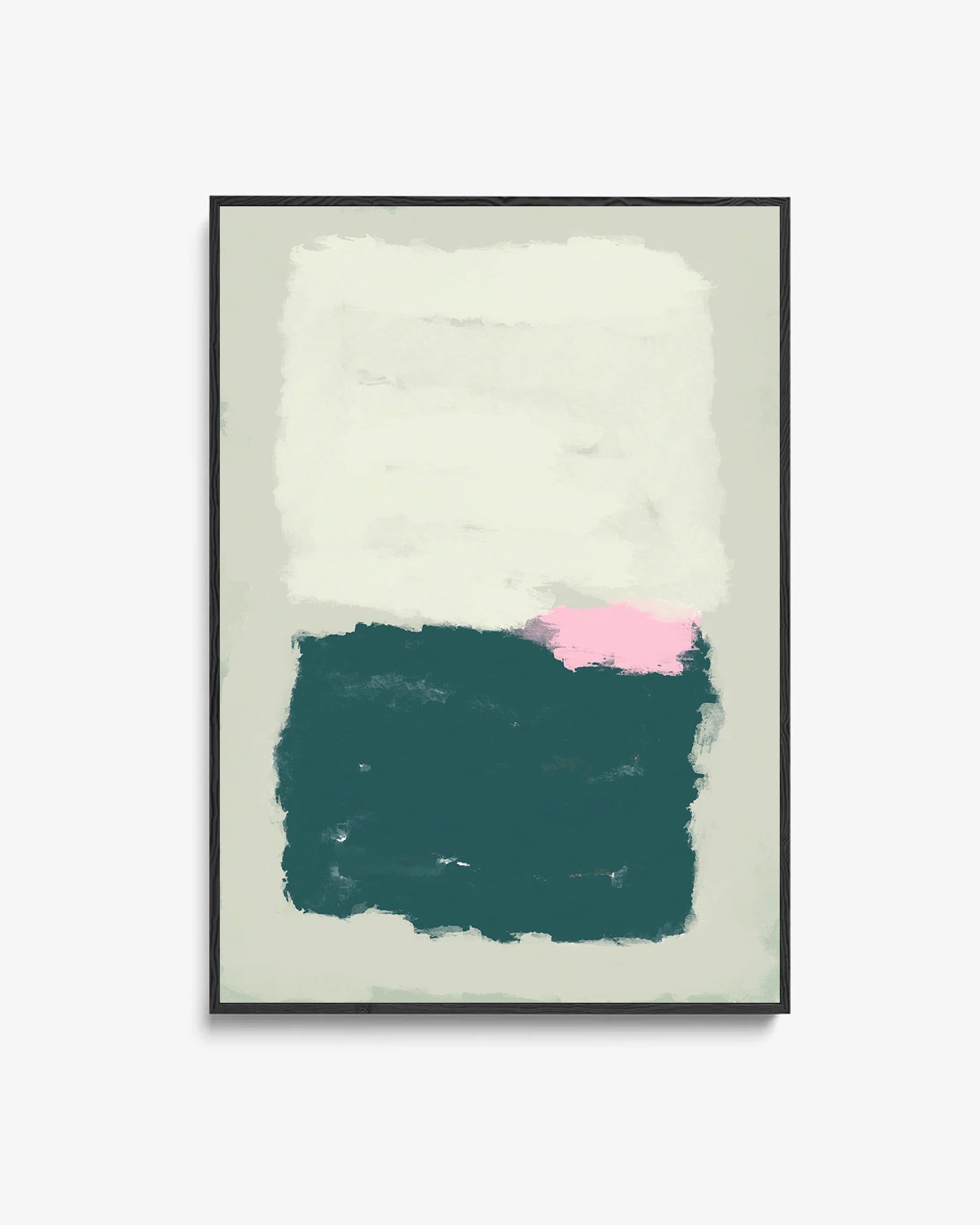 A abstract framed canvas with organic shapes in pistachio green and pastel tones, with a pastel pink shape, presented in a shadow gap frame.