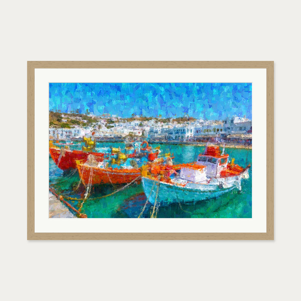 Fishing Boats In Portuguese Port Art Print — 50 x 70 cm — Oak Frame