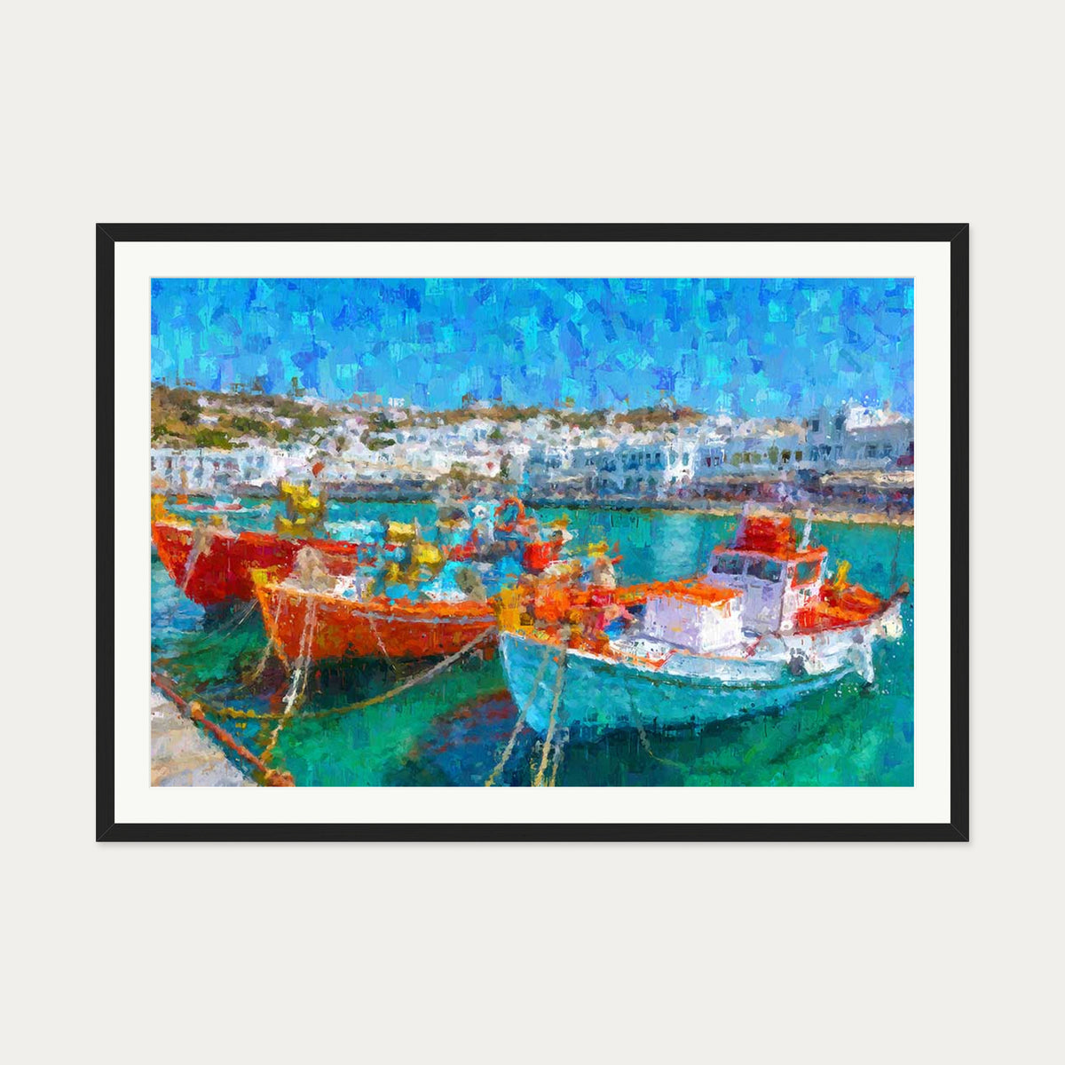 Fishing Boats In Portuguese Port Art Print — 70 x 100 cm — Black Frame