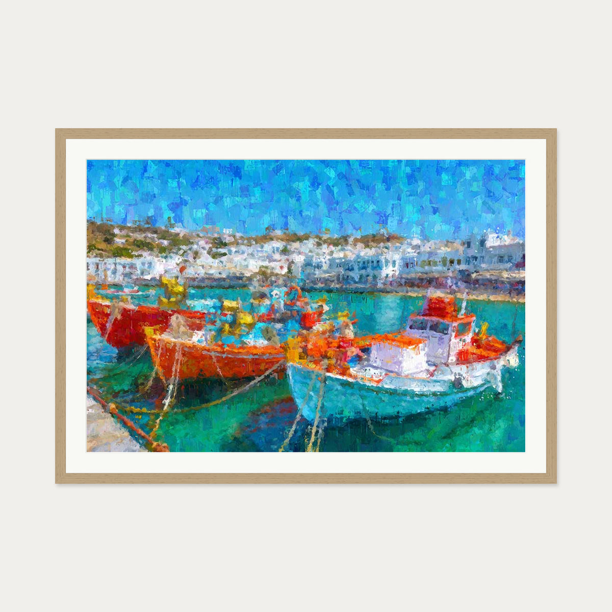 Fishing Boats In Portuguese Port Art Print — 70 x 100 cm — Oak Frame