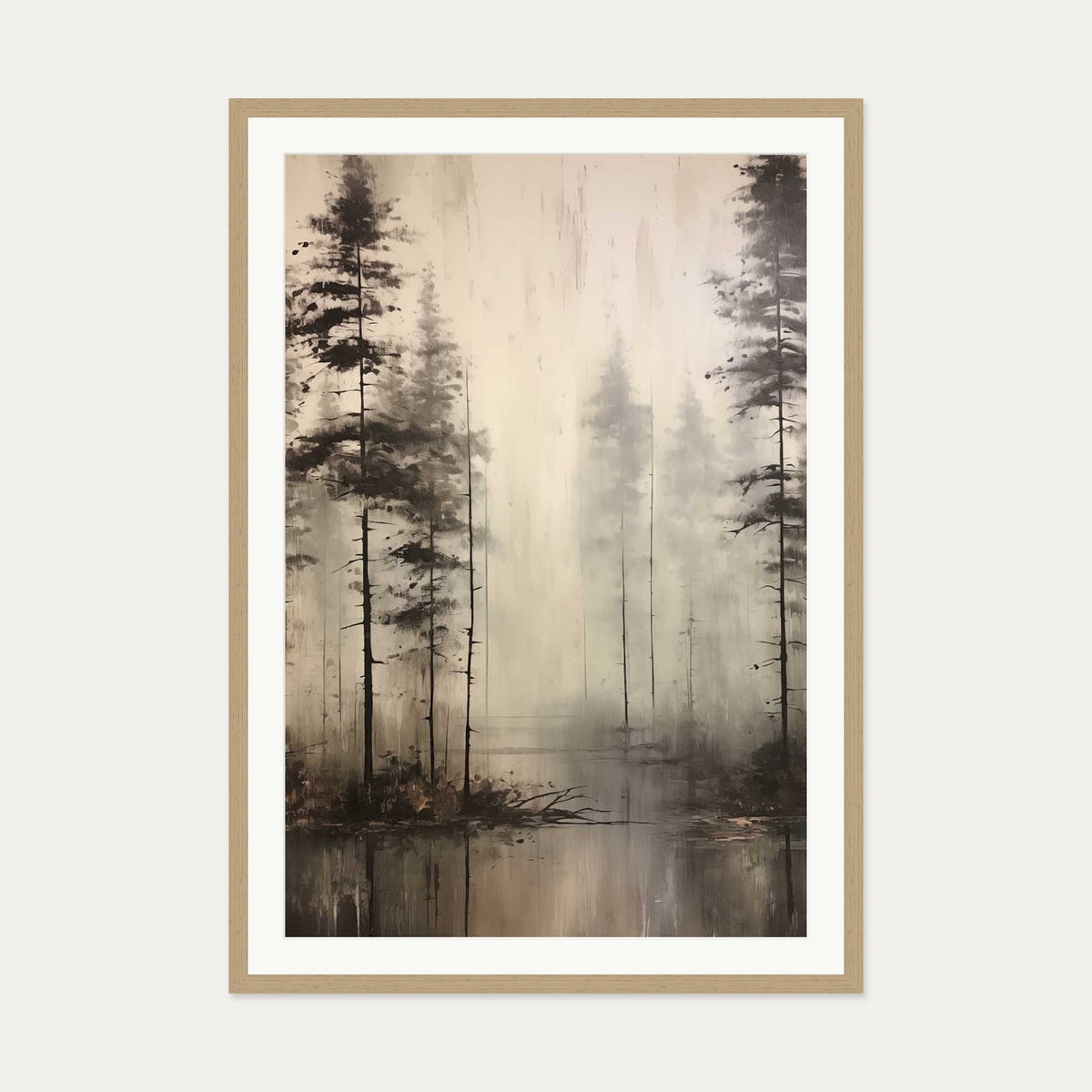 Foggy Lake Wall Art Print — 70 x 100 cm — Oak Frame