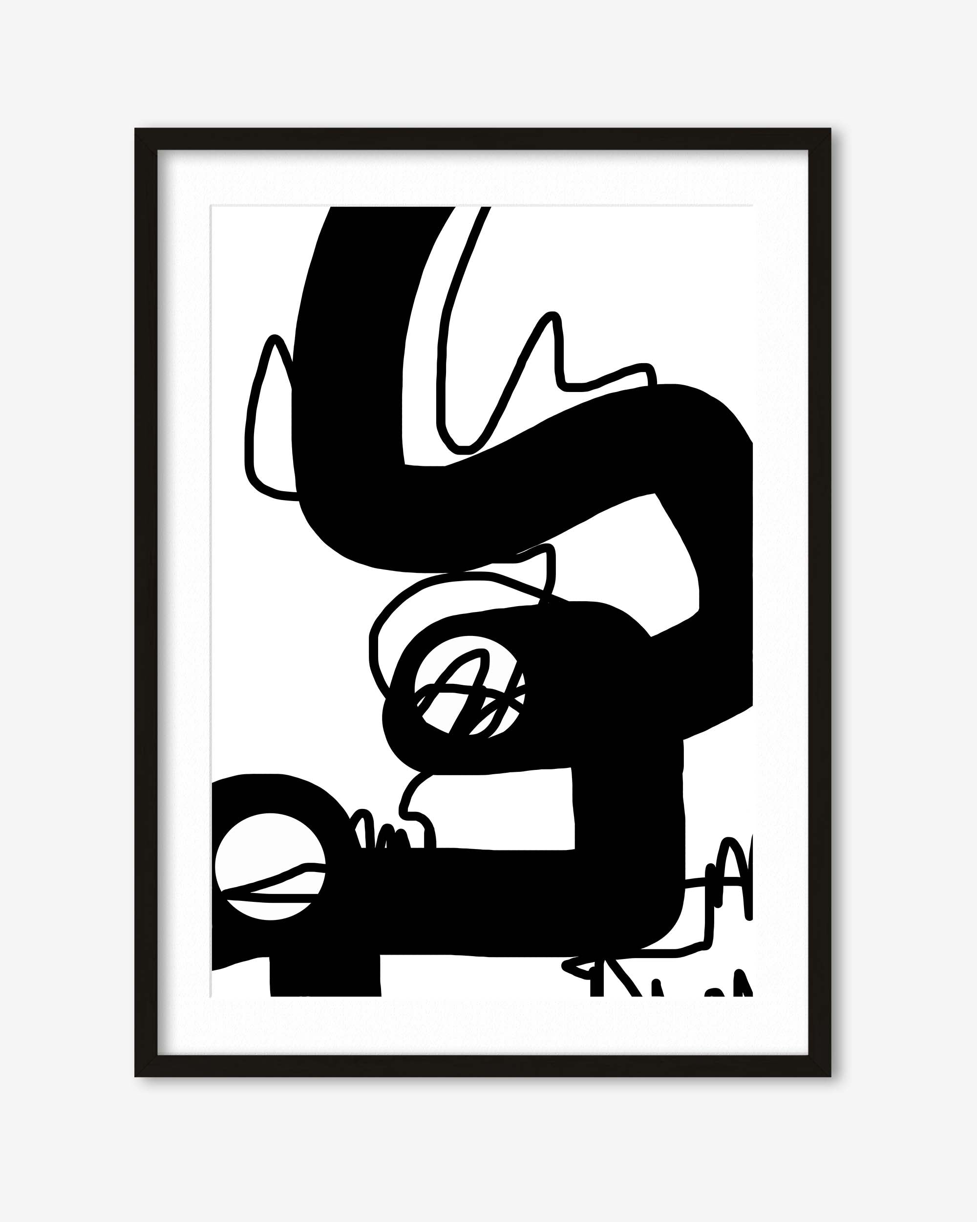 Framed black and white abstract artwork on a white background