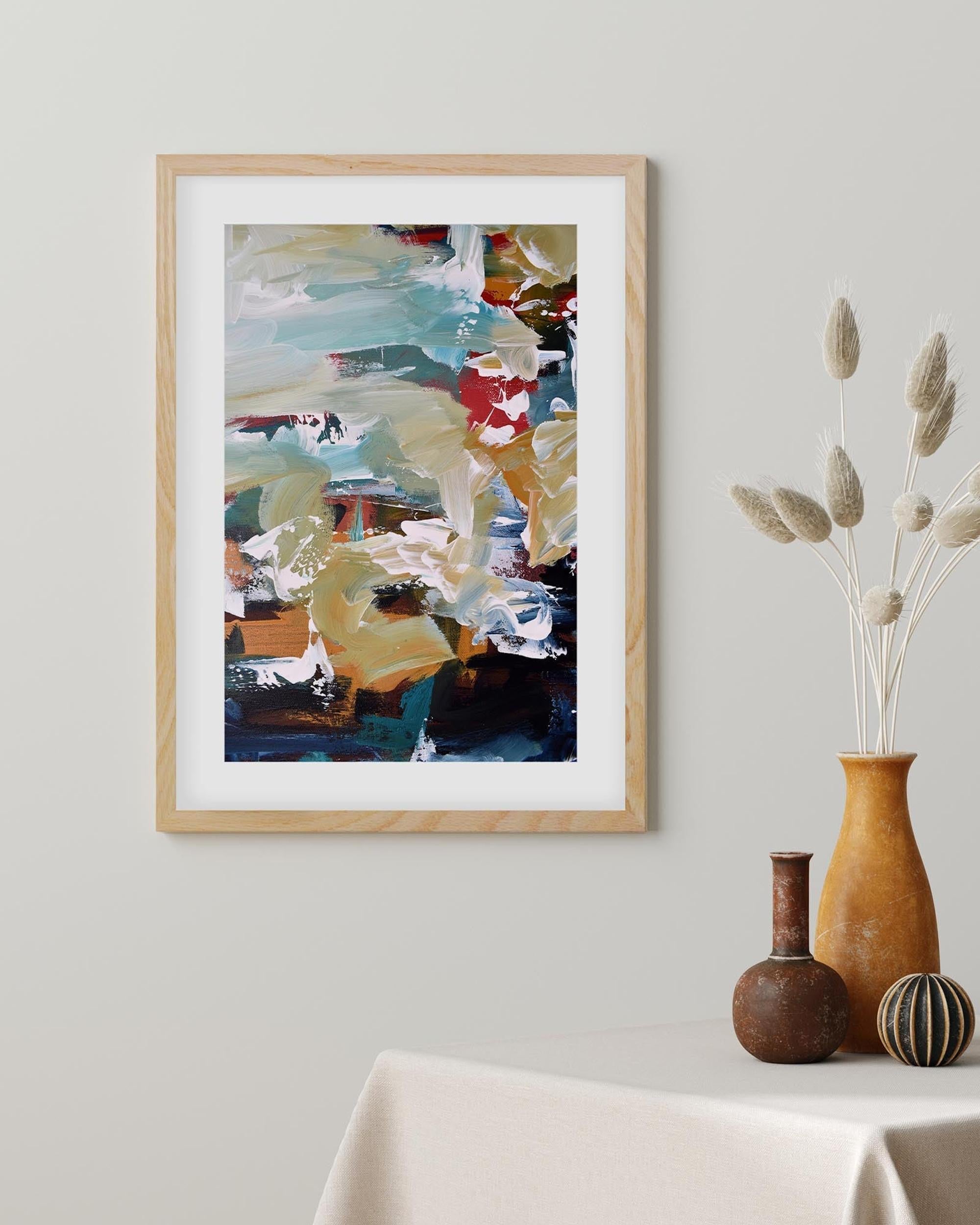 Framed abstract painting on a wall with decorative vases below.