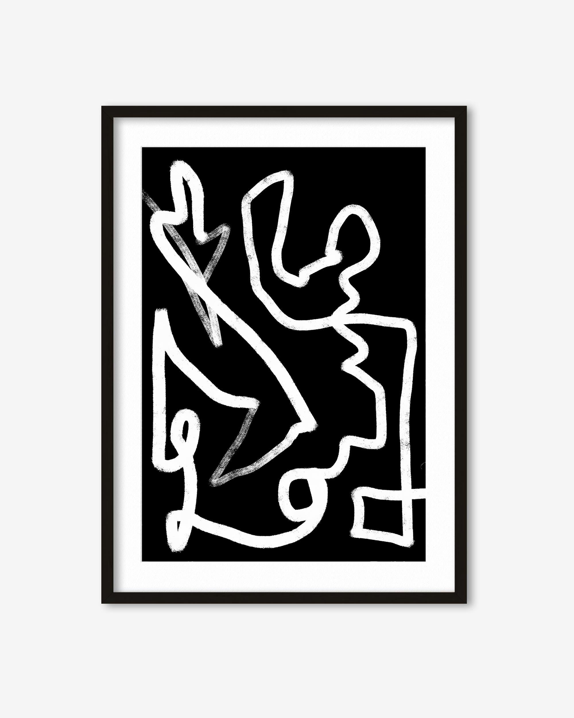 Framed black and white abstract artwork on a white background