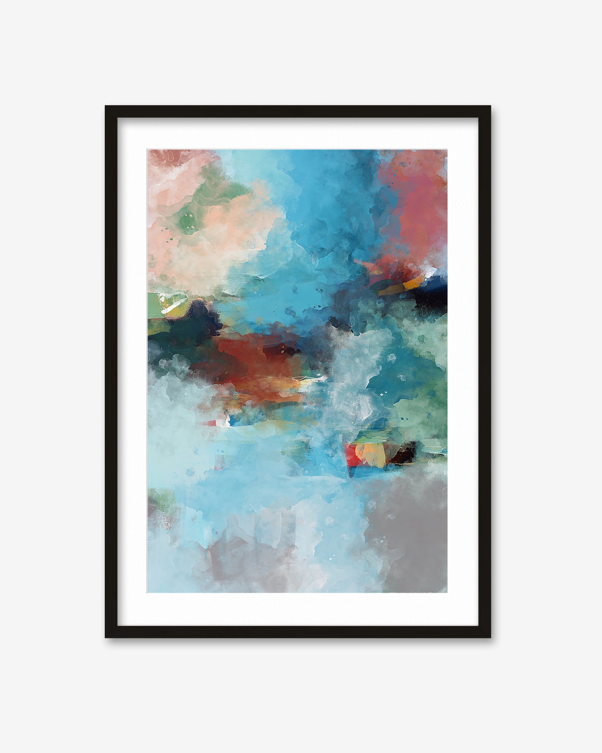 Framed abstract art print with colorful watercolor design on a white background