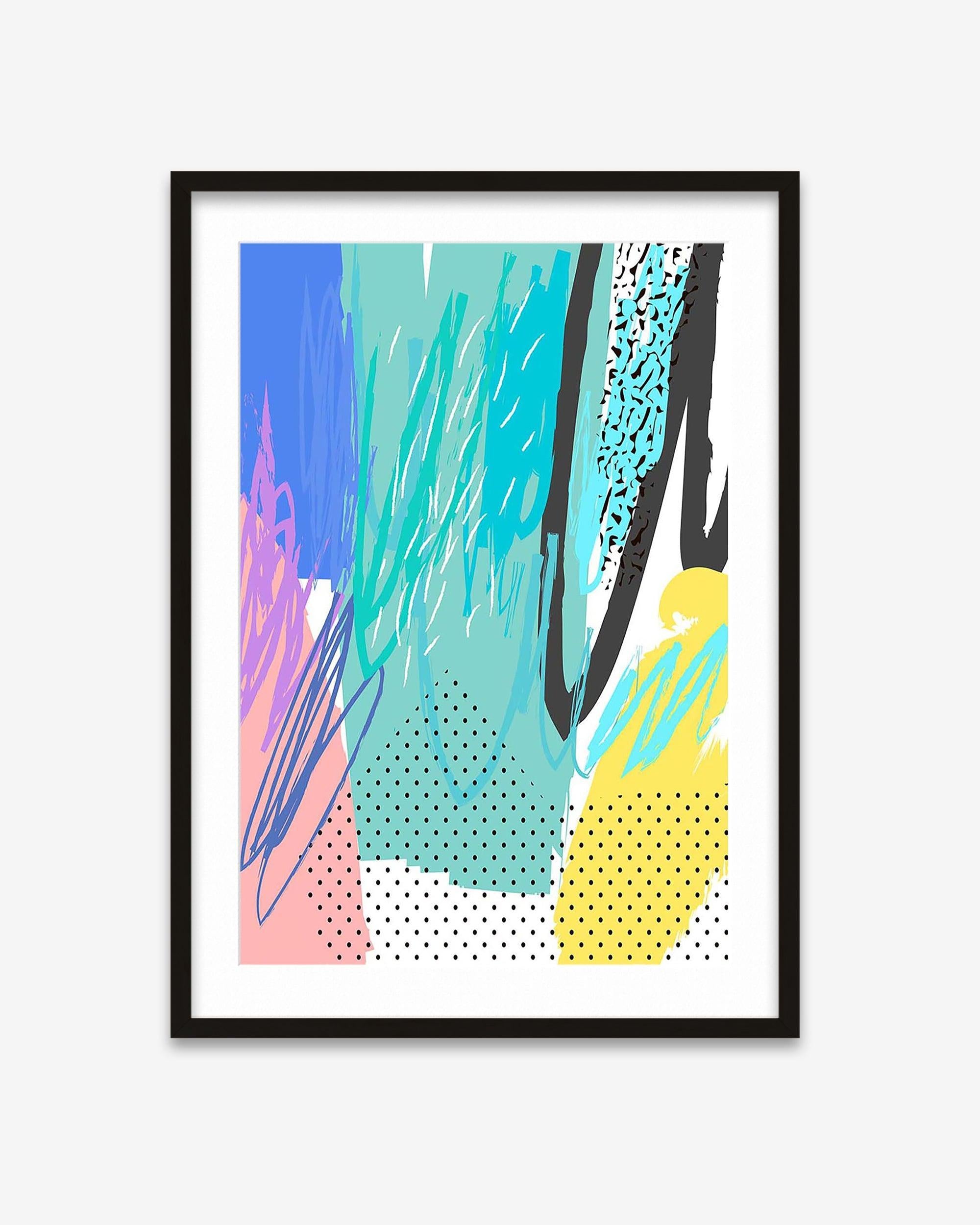 Framed abstract art print with colorful brush strokes on a white background
