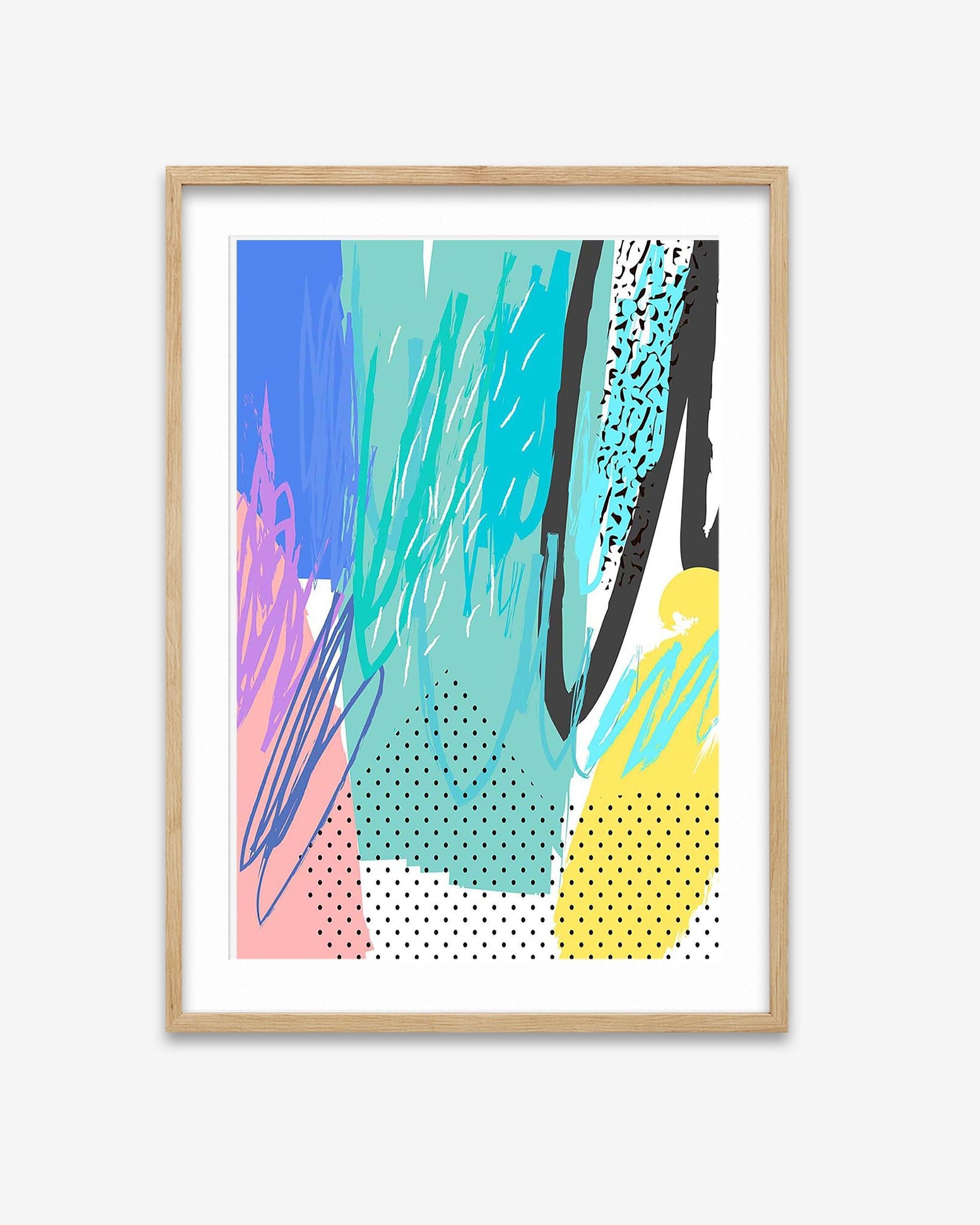 Framed abstract art print with colorful brush strokes on a white background