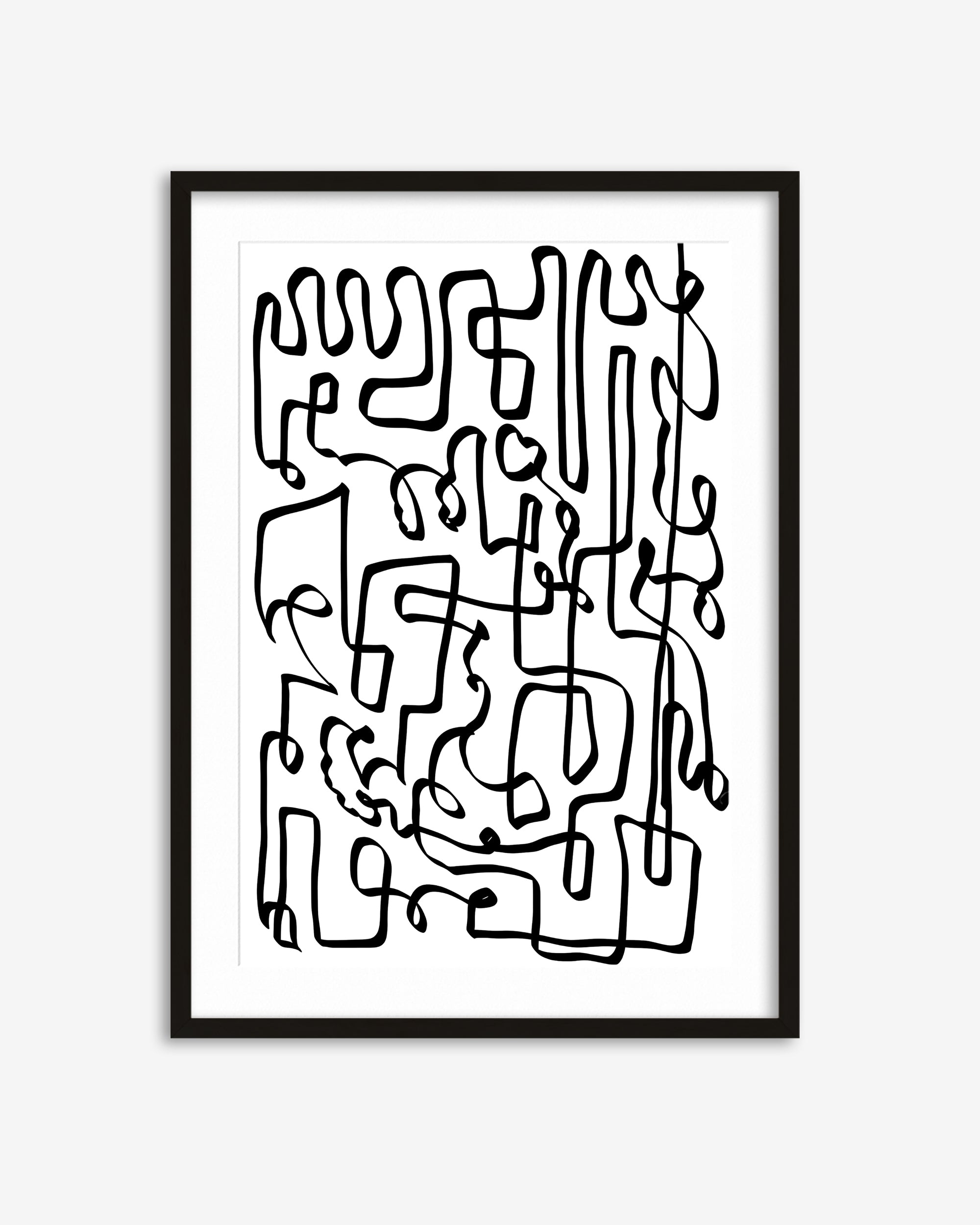 Framed abstract black line art on a white background