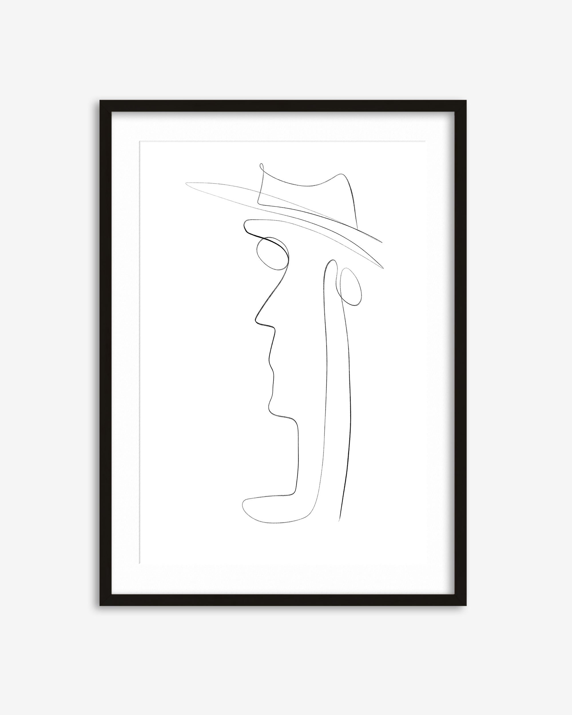 Framed line art of a face with a hat on a white background