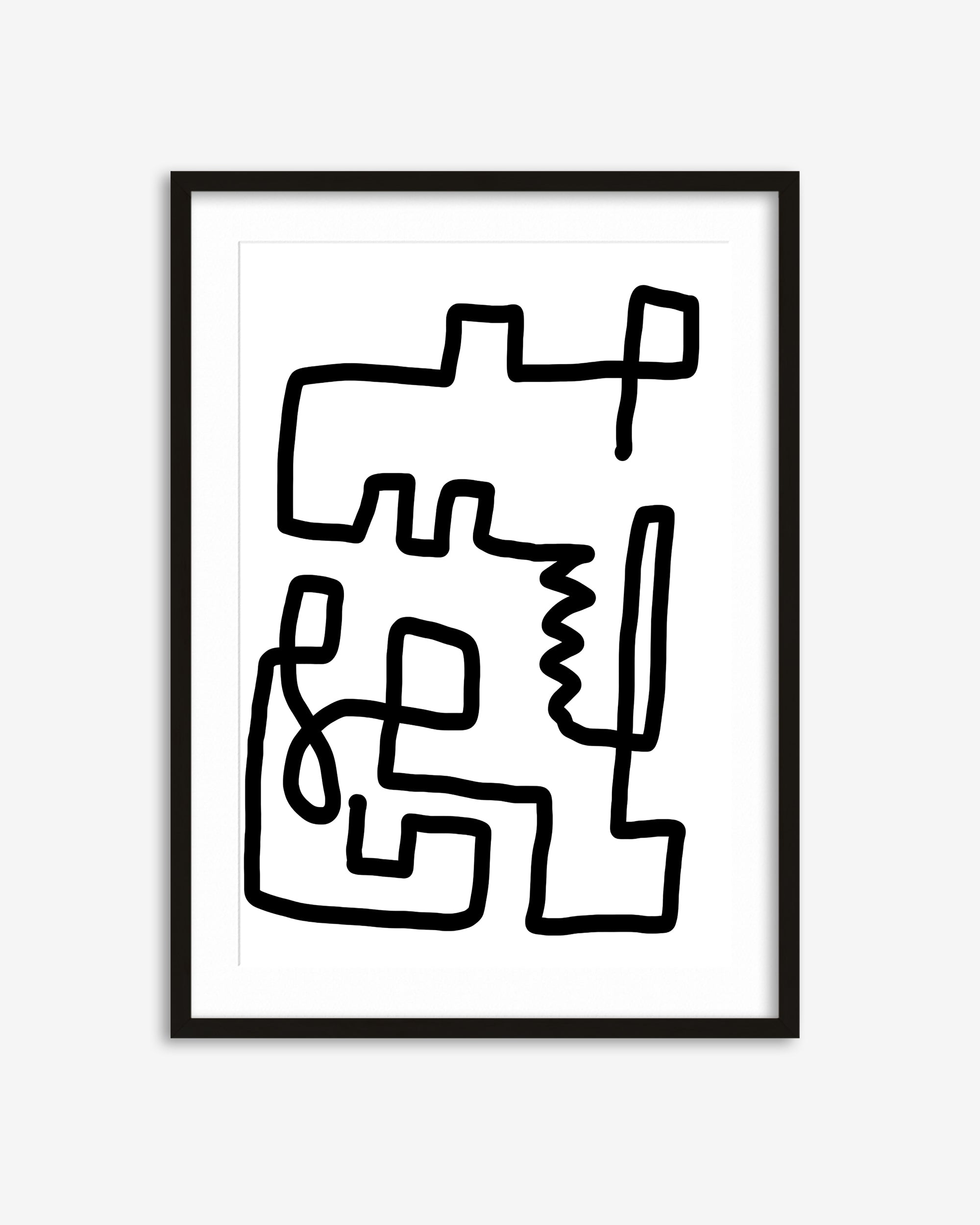 Framed abstract black line art on a white background