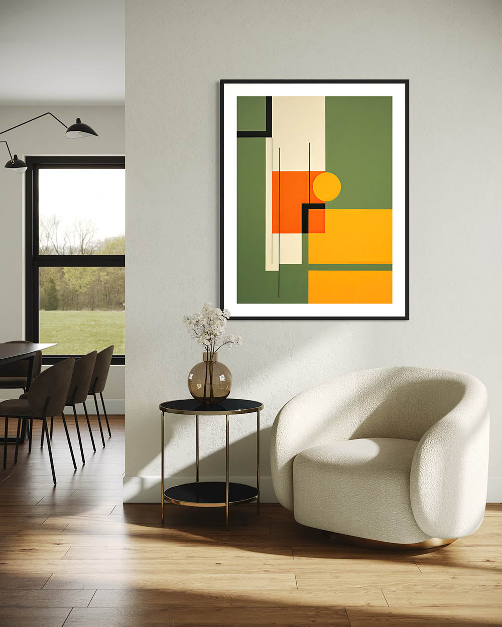 Modern interior with a white armchair, round table, and geometric abstract art on the wall.