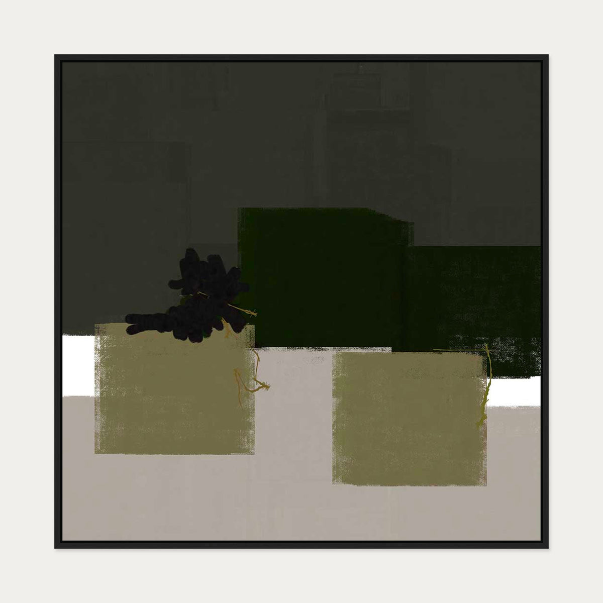 Geometric Olive Green Canvas Art — 100 x 100 cm — Black Frame