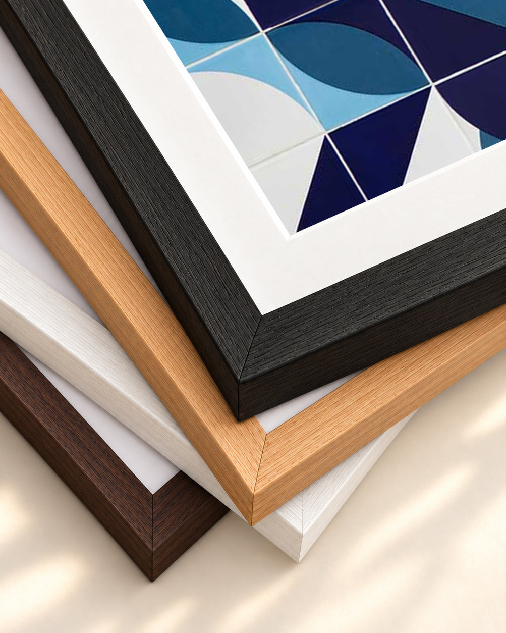 Geometric Tiles Wall Art Print — framed print corner with 5 cm mount and bevel