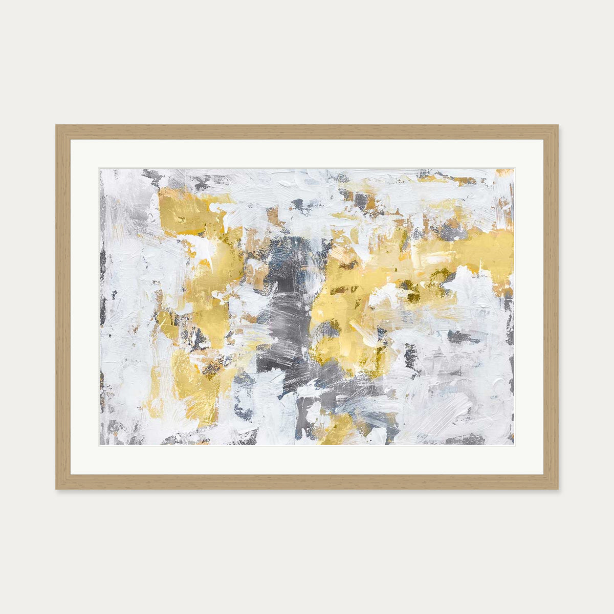 Gold and Grey Brushstrokes Art Print — 50 x 70 cm — Oak Frame