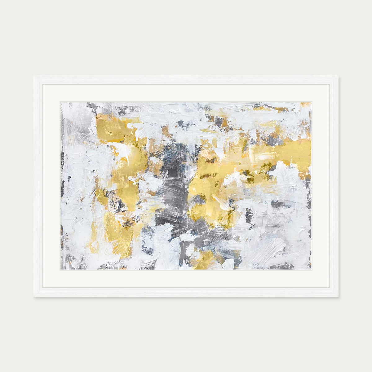 Gold and Grey Brushstrokes Art Print — 50 x 70 cm — White Frame