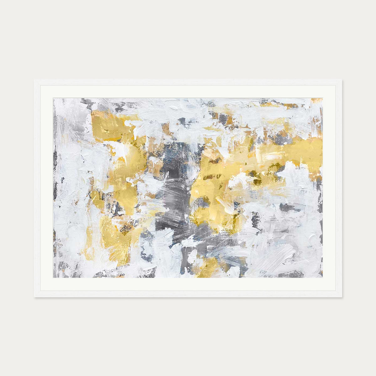 Gold and Grey Brushstrokes Art Print — 70 x 100 cm — White Frame