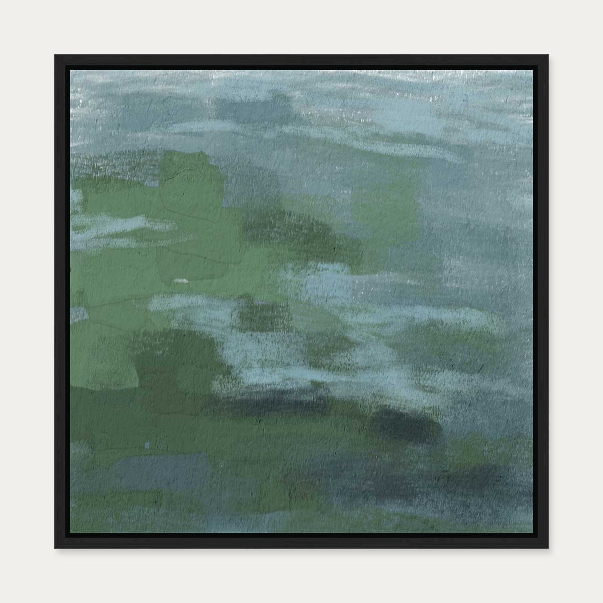 Green Teal Abstract Expressionist Canvas Art — 50 x 50 cm — Black Frame