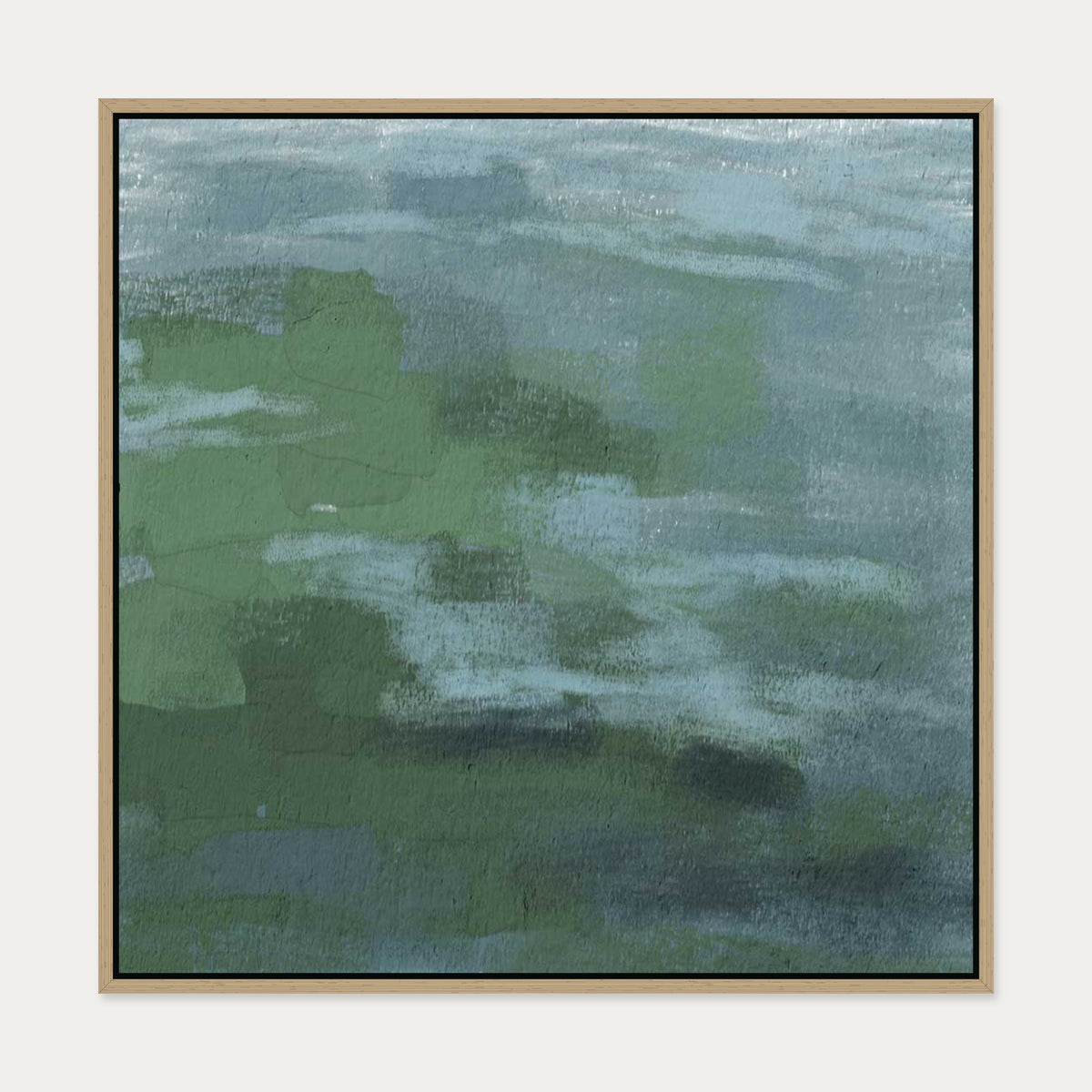 Green Teal Abstract Expressionist Canvas Art — 70 x 70 cm — Oak Frame