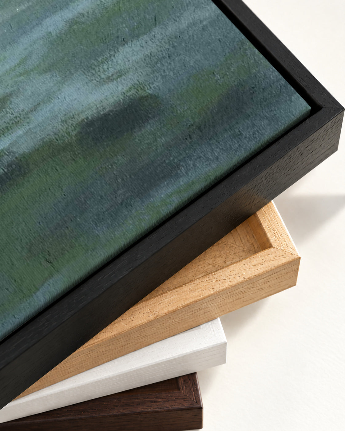 Green Teal Abstract Expressionist Canvas Art — framed canvas corner and wrapped canvas detail