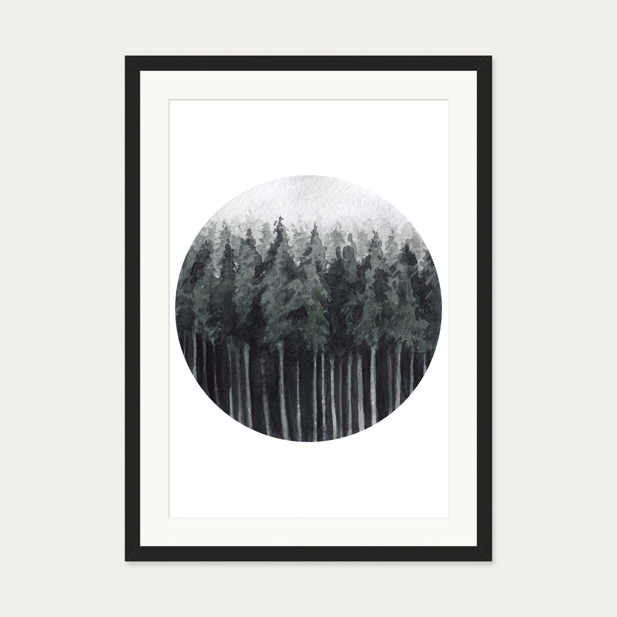 Green Watercolour Forest Art Print — 50 x 70 cm — Black Frame