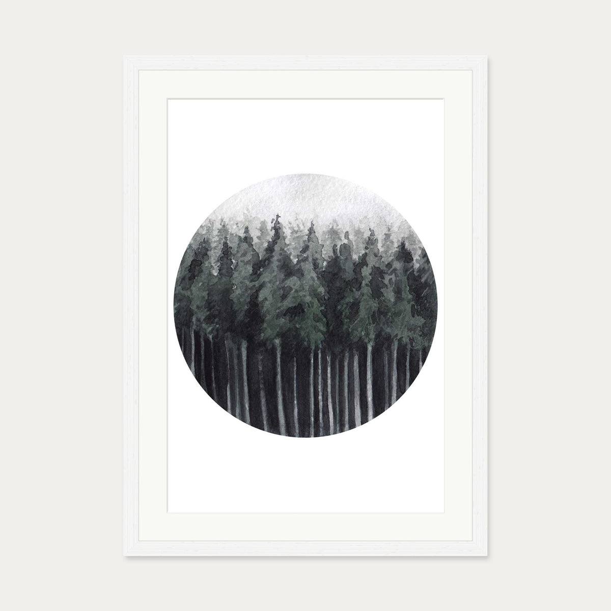 Green Watercolour Forest Art Print — 50 x 70 cm — White Frame