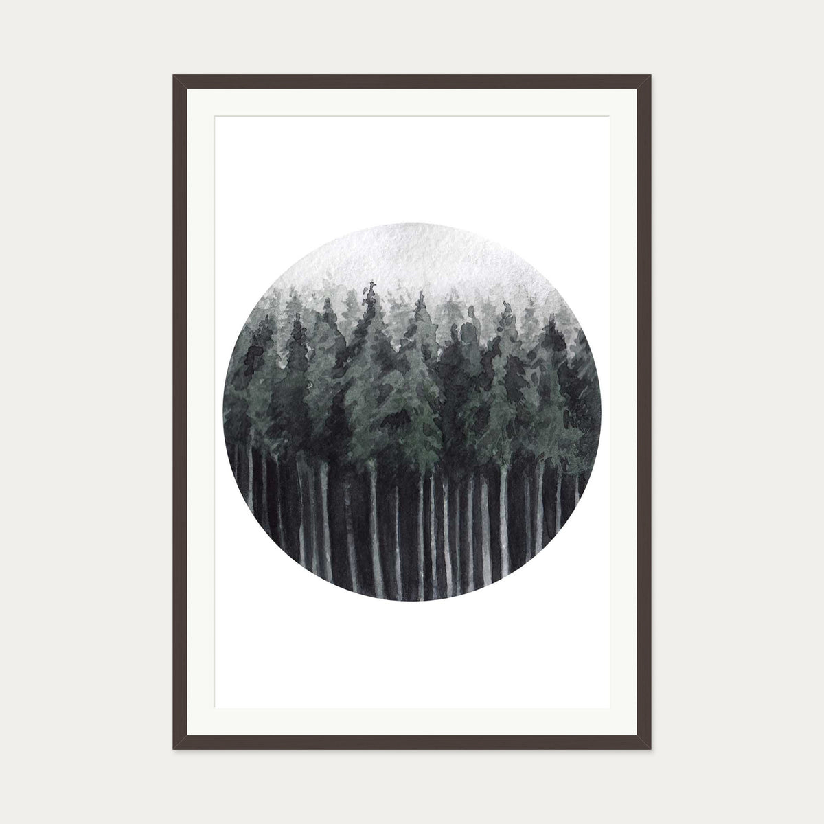 Green Watercolour Forest Art Print — 70 x 100 cm — Brown Frame